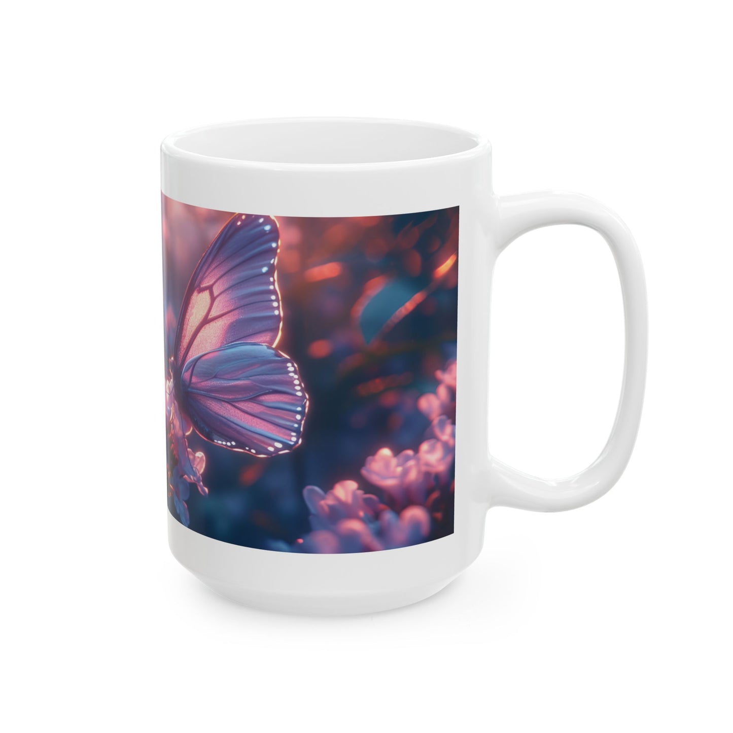 Butterfly Garden Ceramic Mug — Dreamy Purple Floral Butterfly Coffee Cup 15oz
