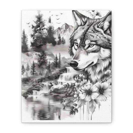 Wolf Nature Canvas Print — Black & White Forest Landscape Wall Art