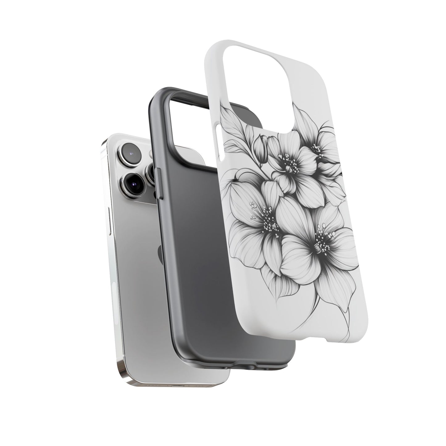 Floral Sketch Tough Case — Black & White Hand-Drawn Blossom Phone Cover