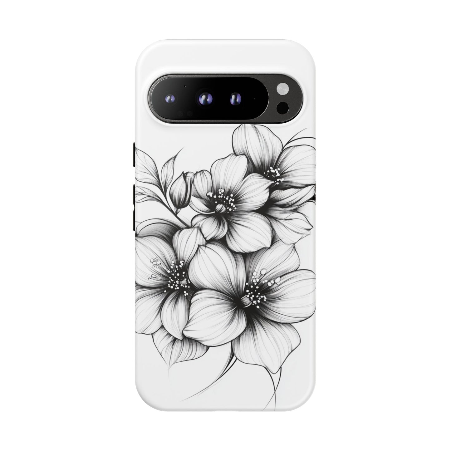 Floral Sketch Tough Case — Black & White Hand-Drawn Blossom Phone Cover