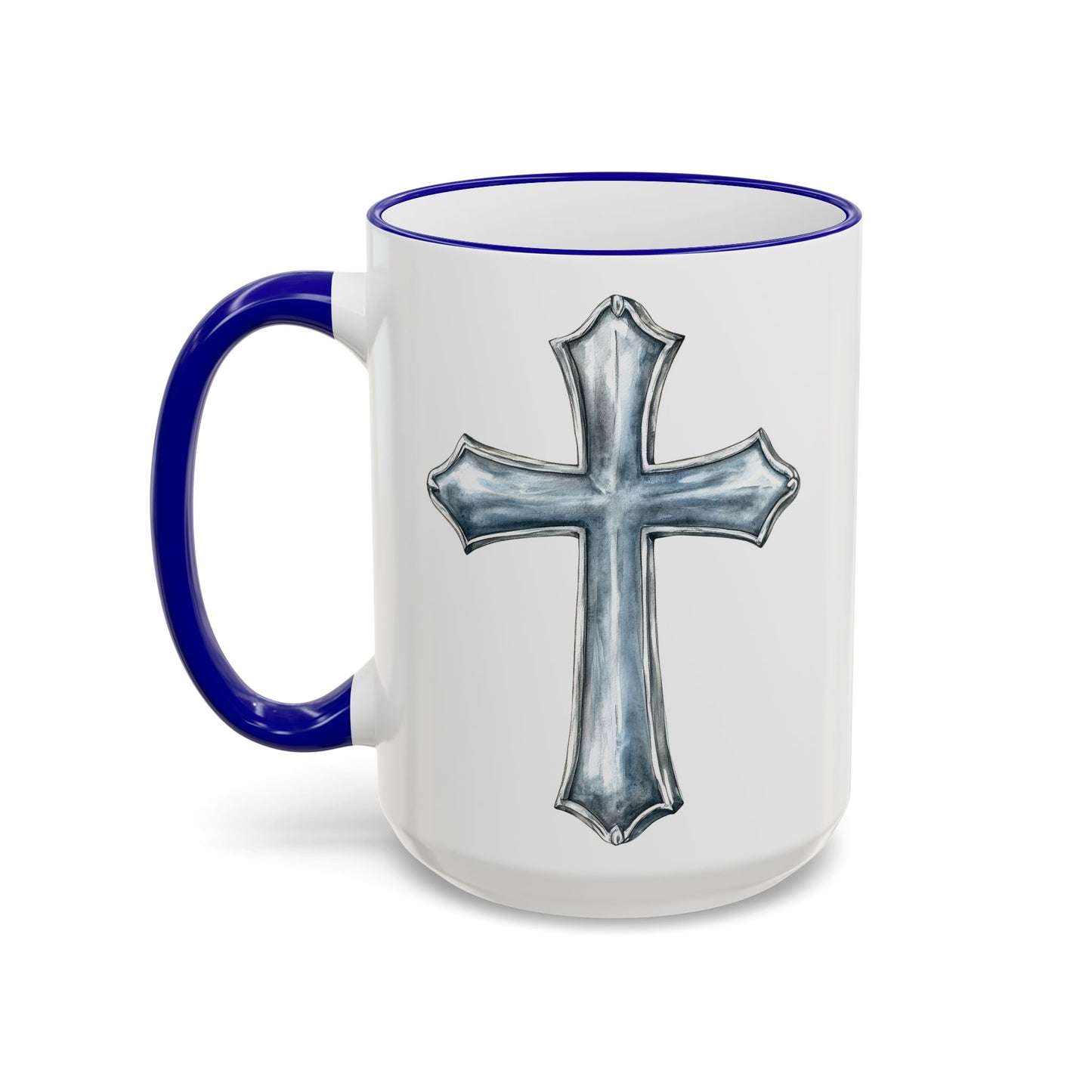 Floral Magnolia Accent Rim Mug with Cross, Blue & Gold Botanical Coffee Cup, 15oz
