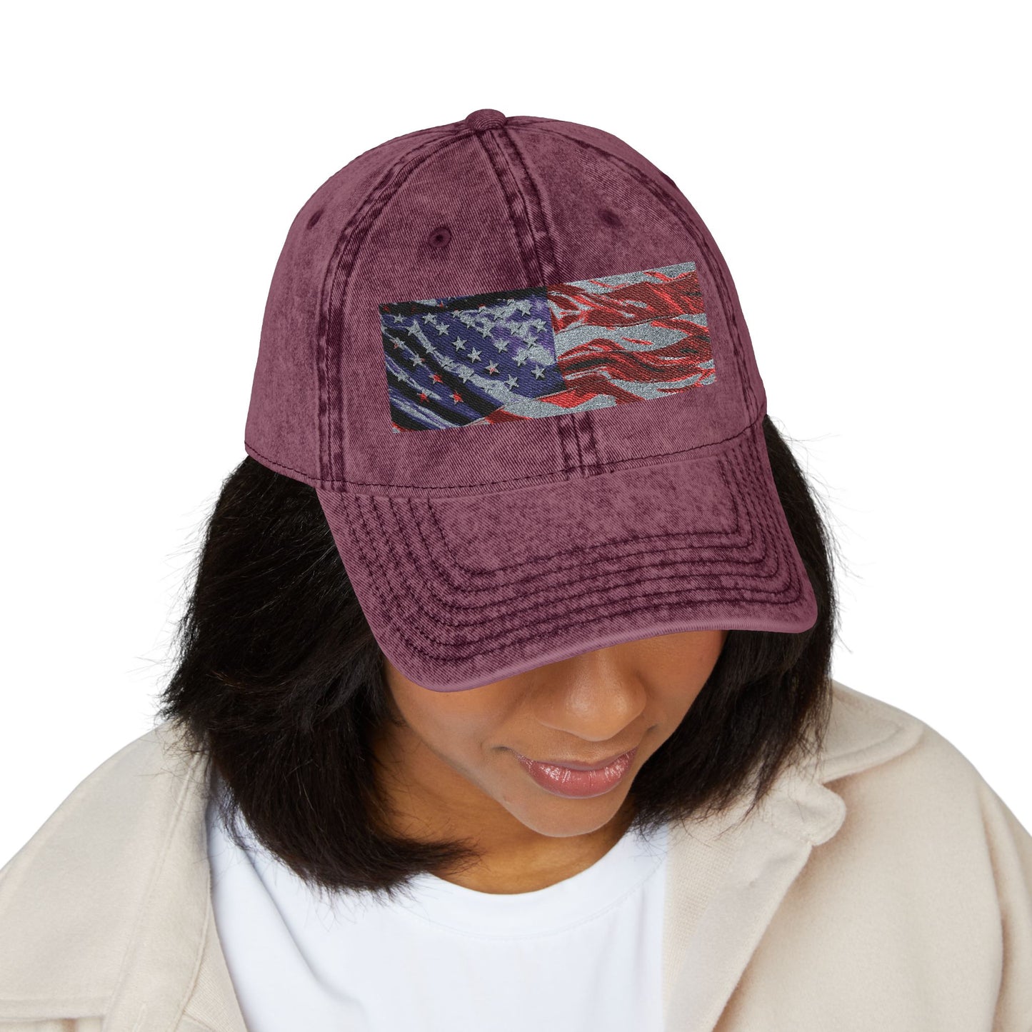 Vintage Embroidered American Flag Cap — Distressed Patriotic Baseball Hat