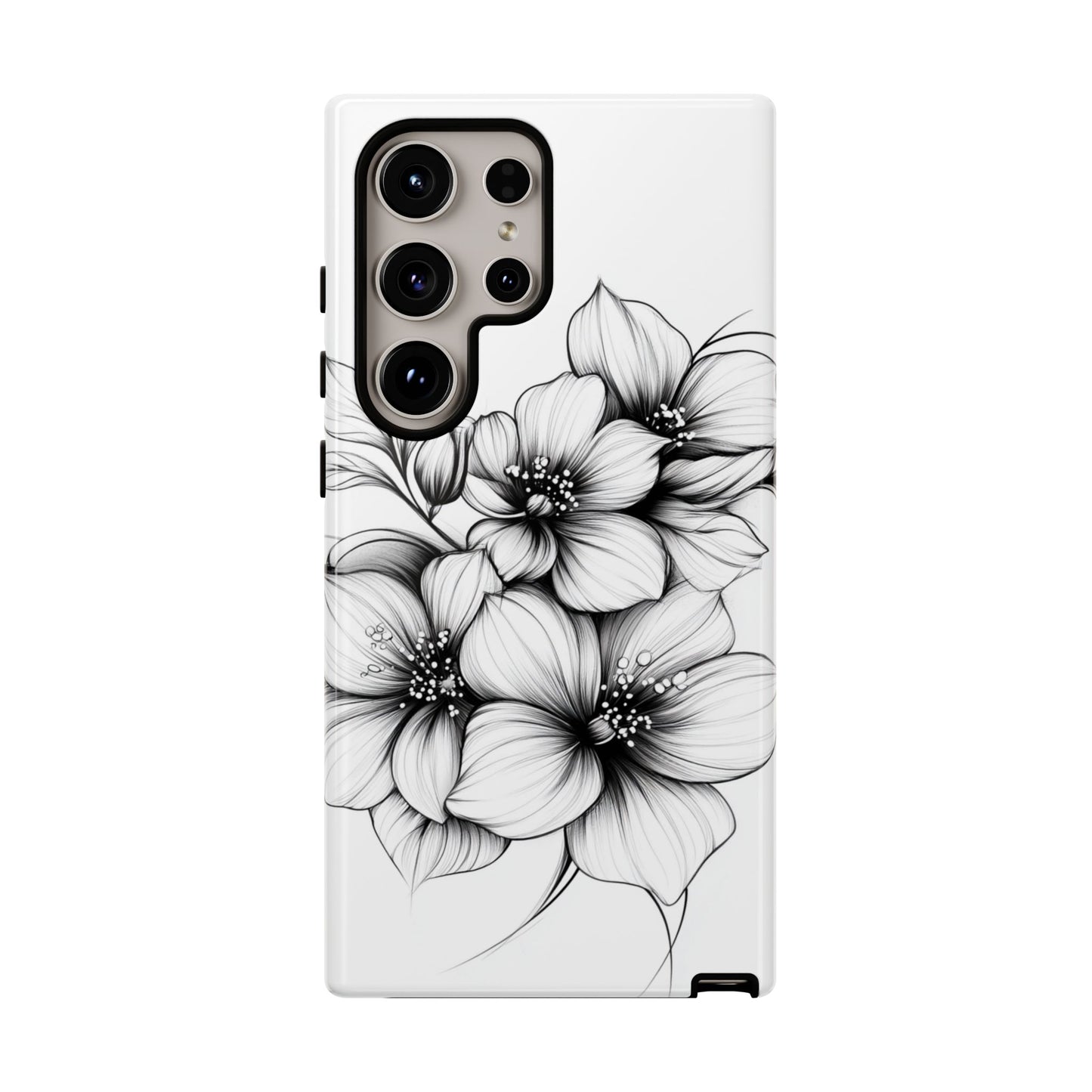 Floral Sketch Tough Case — Black & White Hand-Drawn Blossom Phone Cover