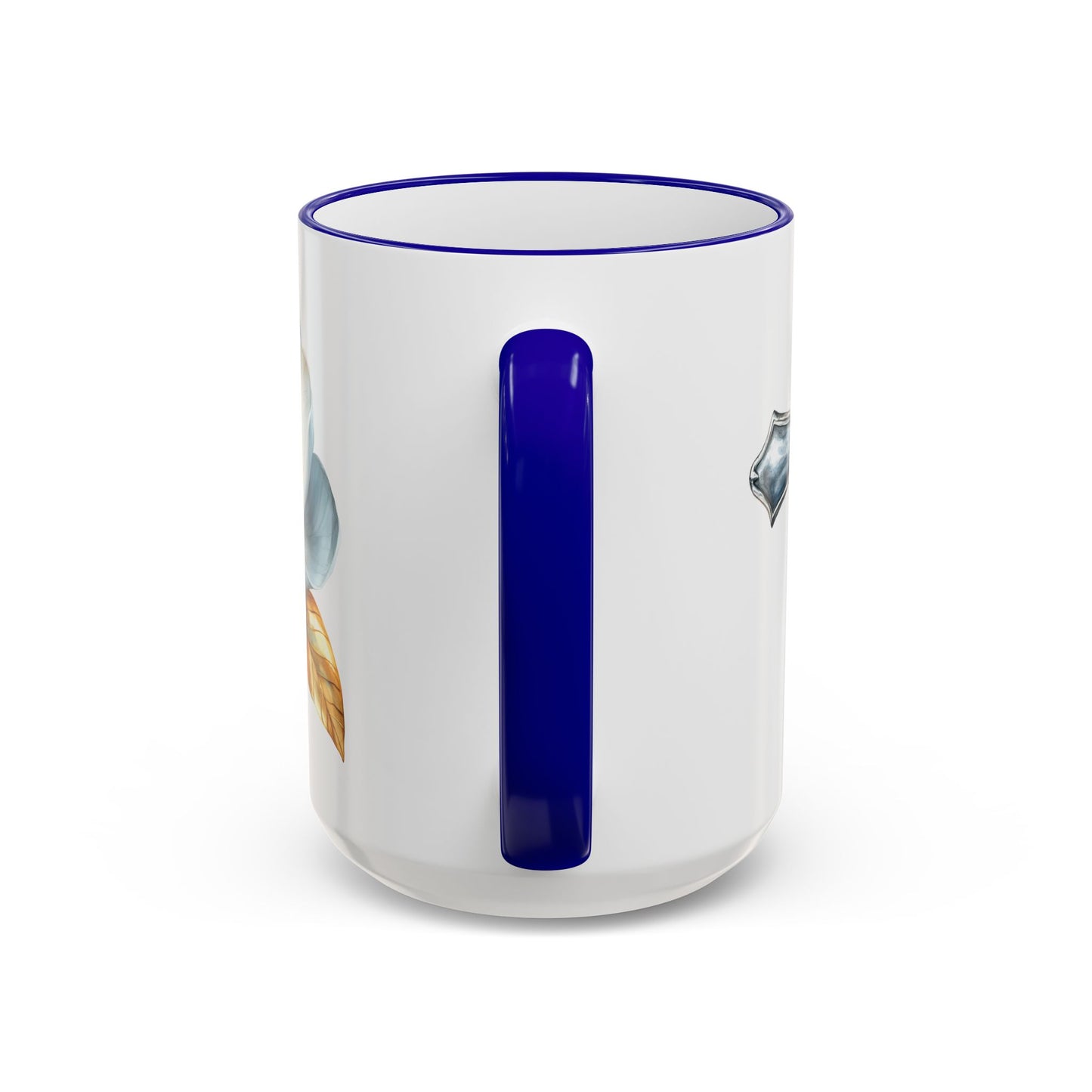 Floral Magnolia Accent Rim Mug with Cross, Blue & Gold Botanical Coffee Cup, 15oz