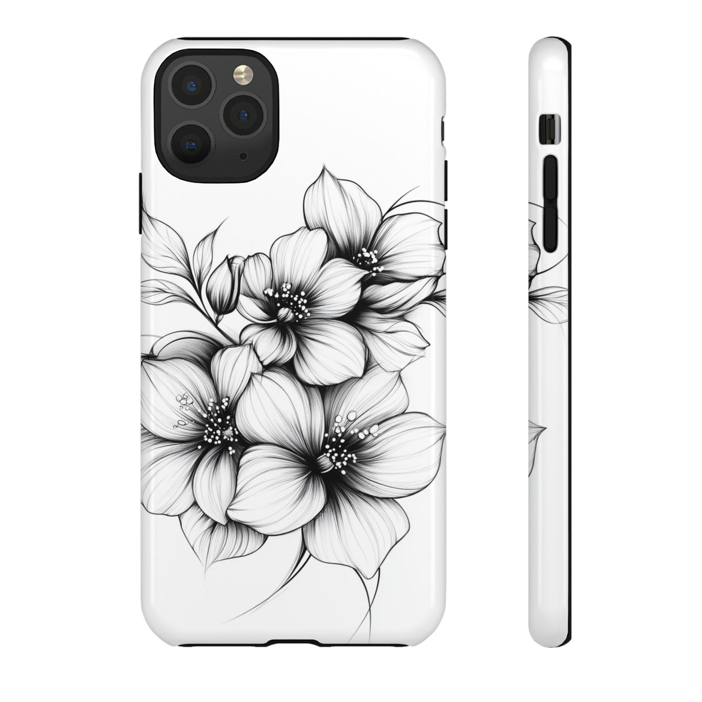 Floral Sketch Tough Case — Black & White Hand-Drawn Blossom Phone Cover