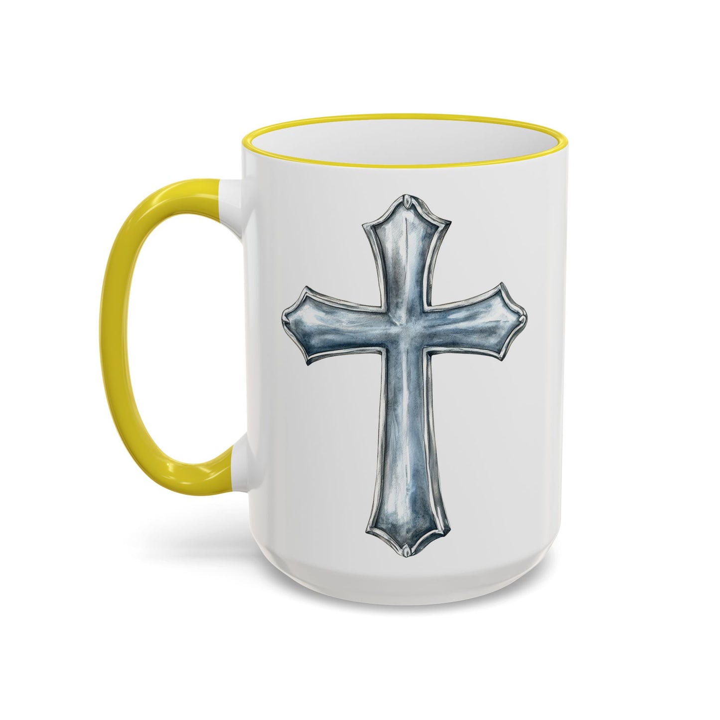 Floral Magnolia Accent Rim Mug with Cross, Blue & Gold Botanical Coffee Cup, 15oz