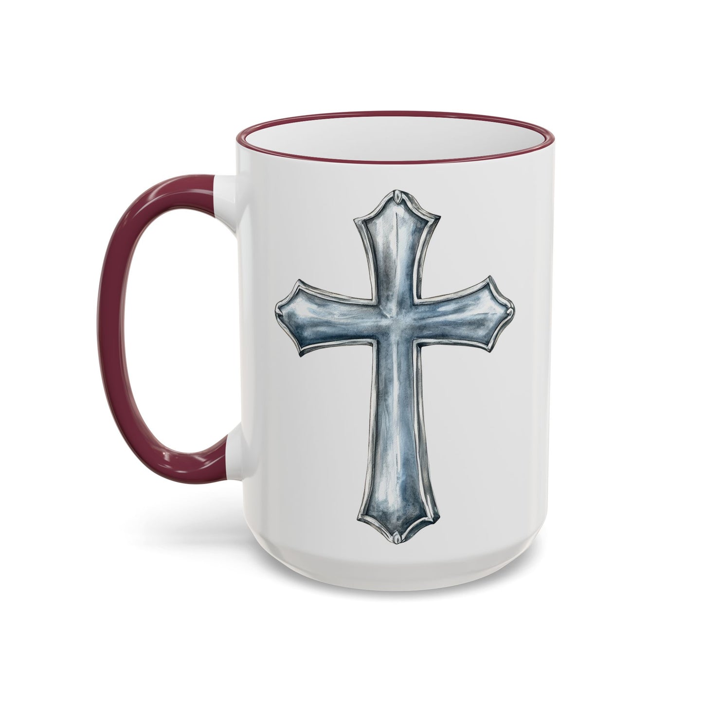 Floral Magnolia Accent Rim Mug with Cross, Blue & Gold Botanical Coffee Cup, 15oz