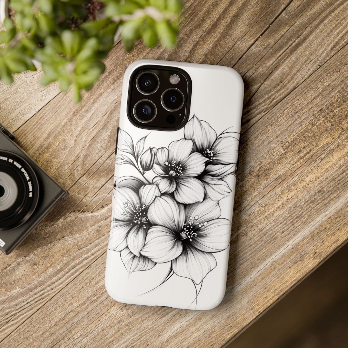 Floral Sketch Tough Case — Black & White Hand-Drawn Blossom Phone Cover