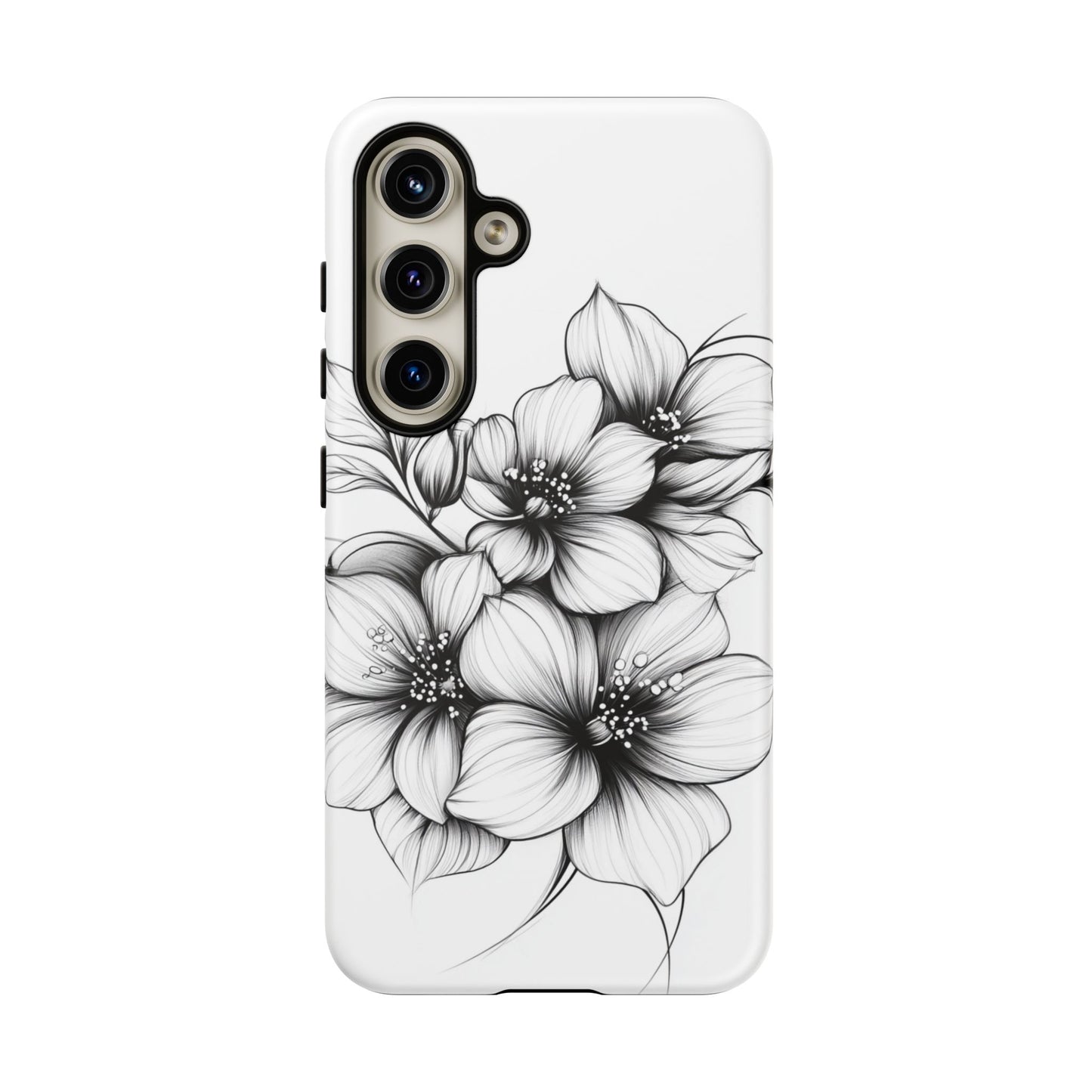Floral Sketch Tough Case — Black & White Hand-Drawn Blossom Phone Cover