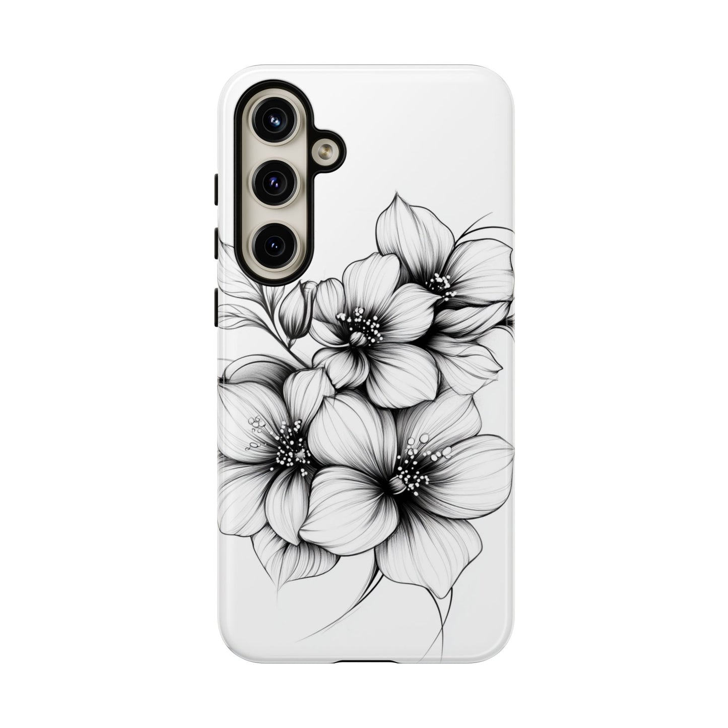Floral Sketch Tough Case — Black & White Hand-Drawn Blossom Phone Cover
