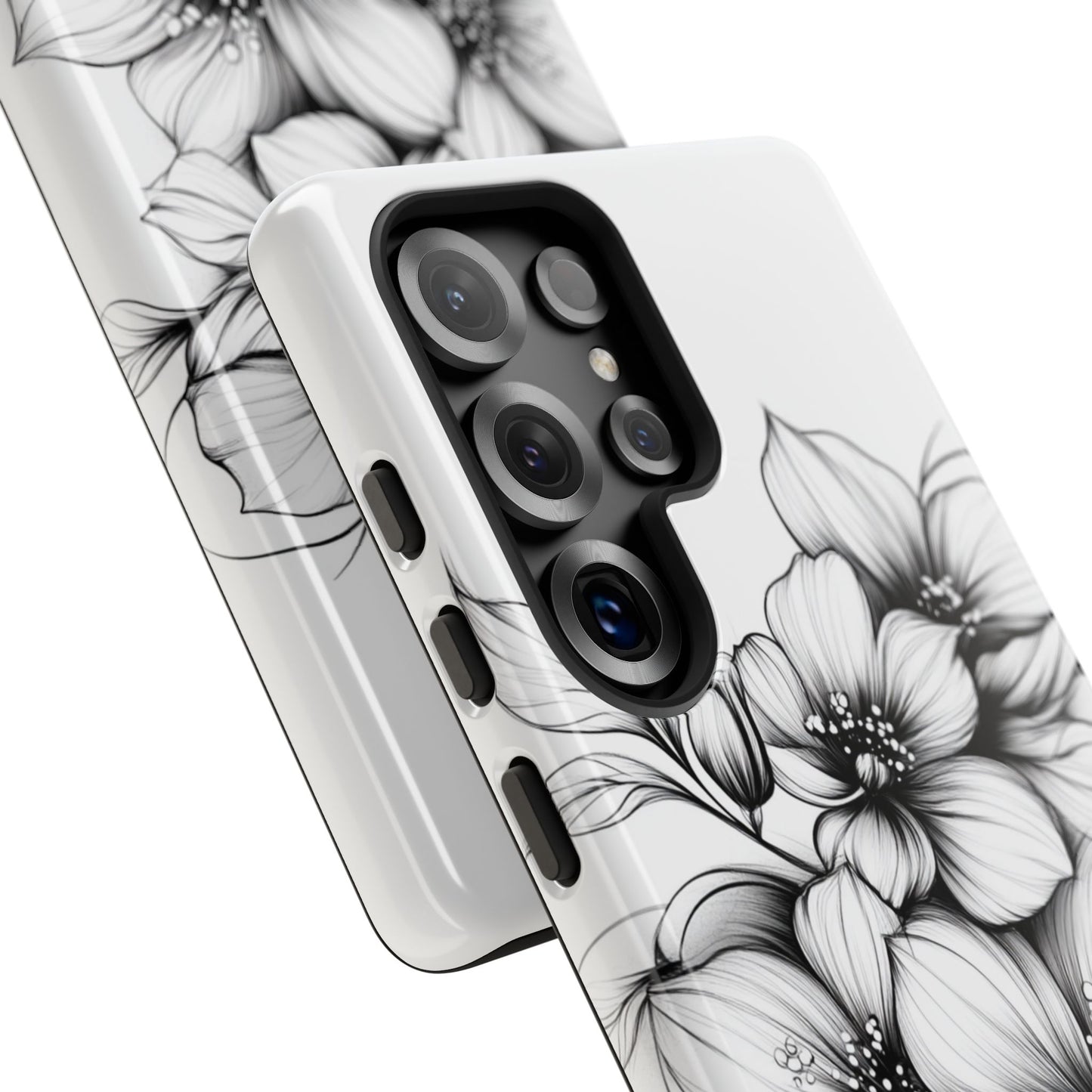 Floral Sketch Tough Case — Black & White Hand-Drawn Blossom Phone Cover