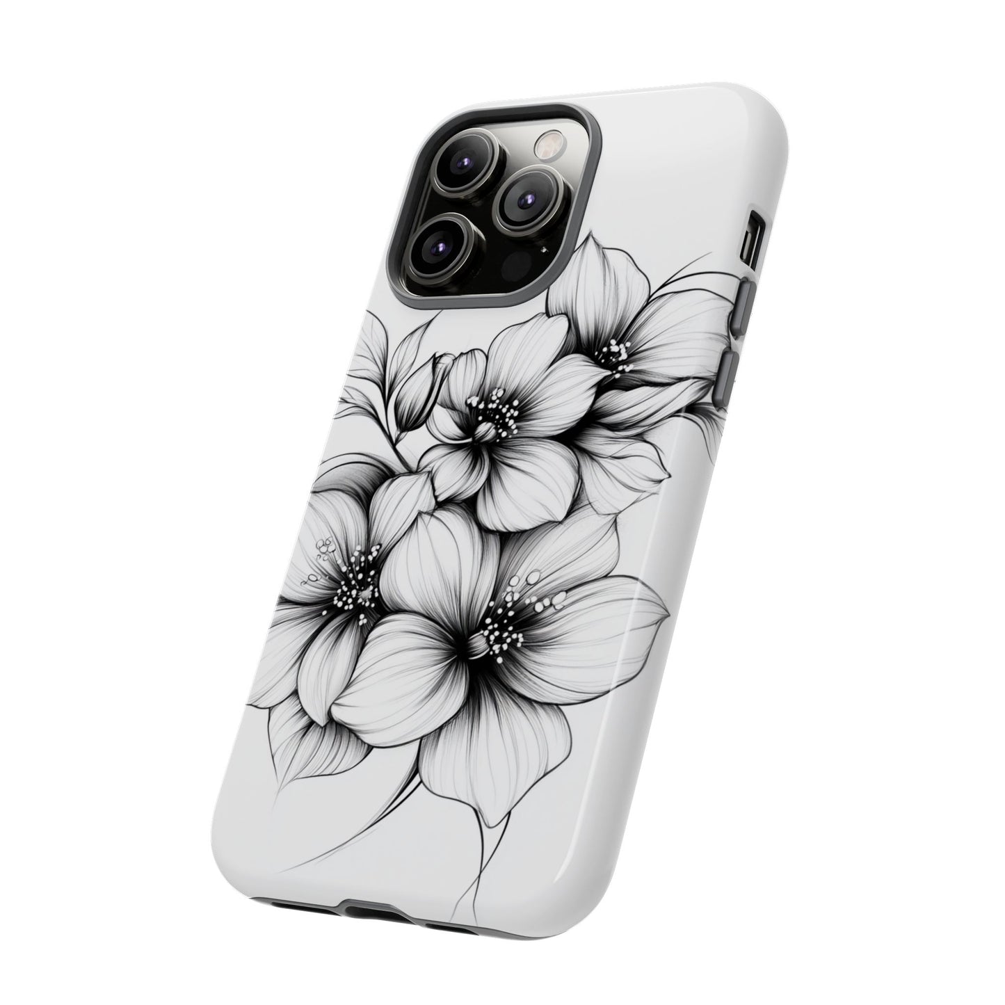 Floral Sketch Tough Case — Black & White Hand-Drawn Blossom Phone Cover