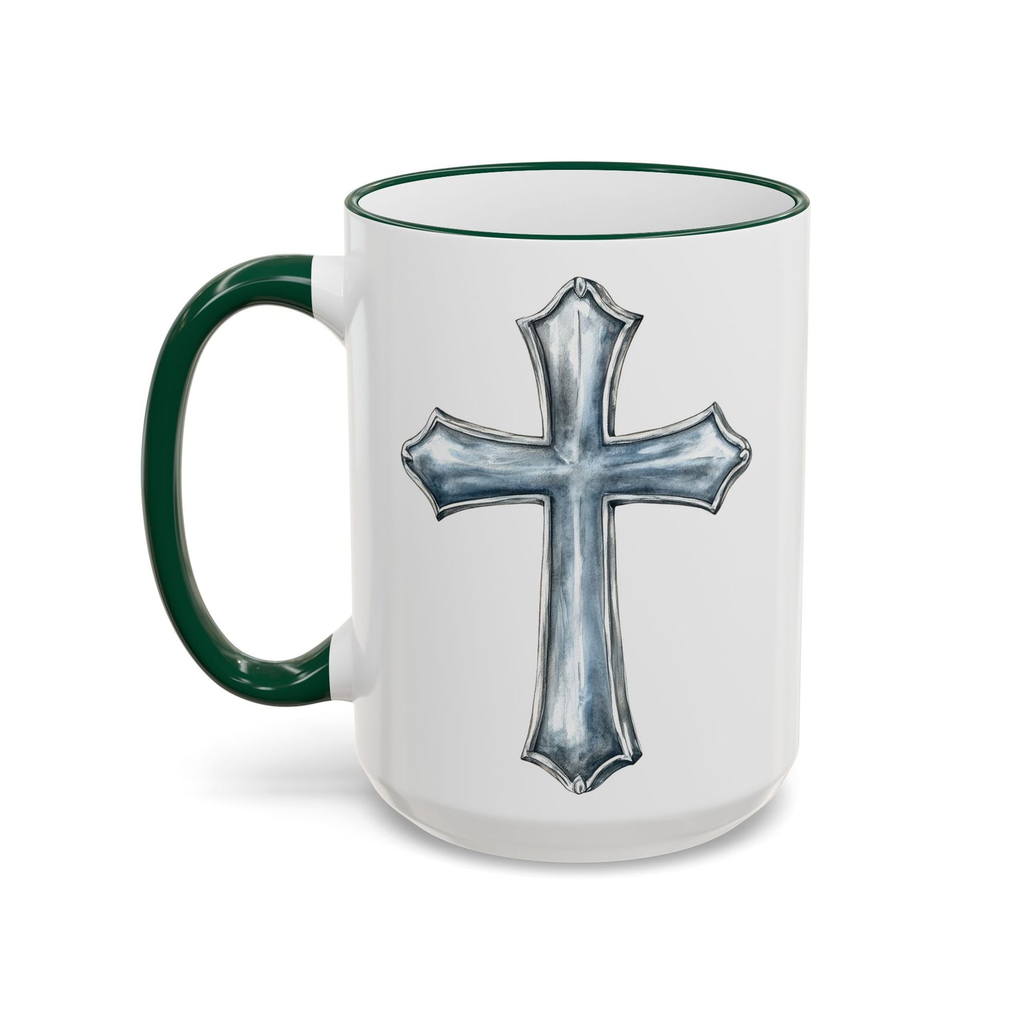 Floral Magnolia Accent Rim Mug with Cross, Blue & Gold Botanical Coffee Cup, 15oz