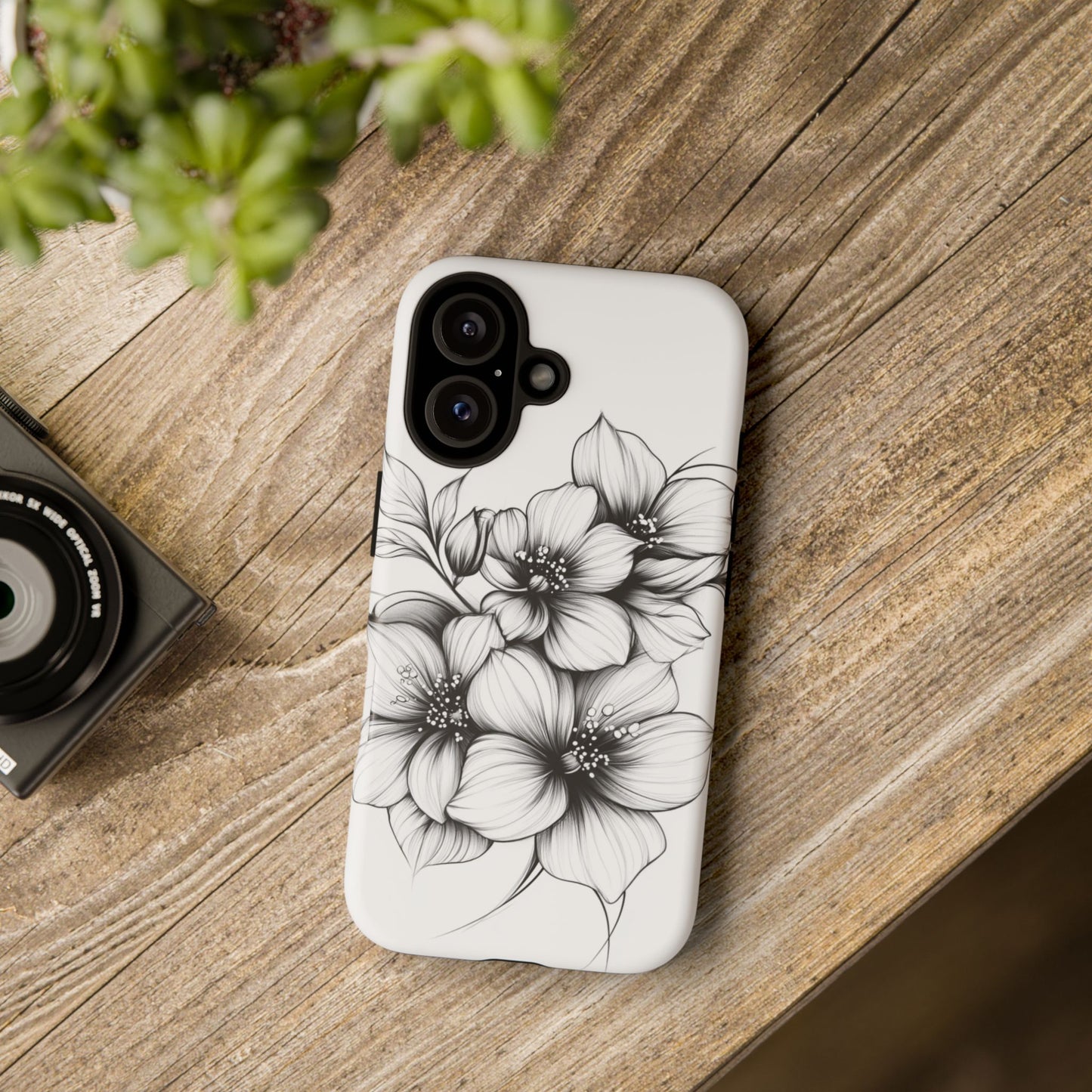 Floral Sketch Tough Case — Black & White Hand-Drawn Blossom Phone Cover