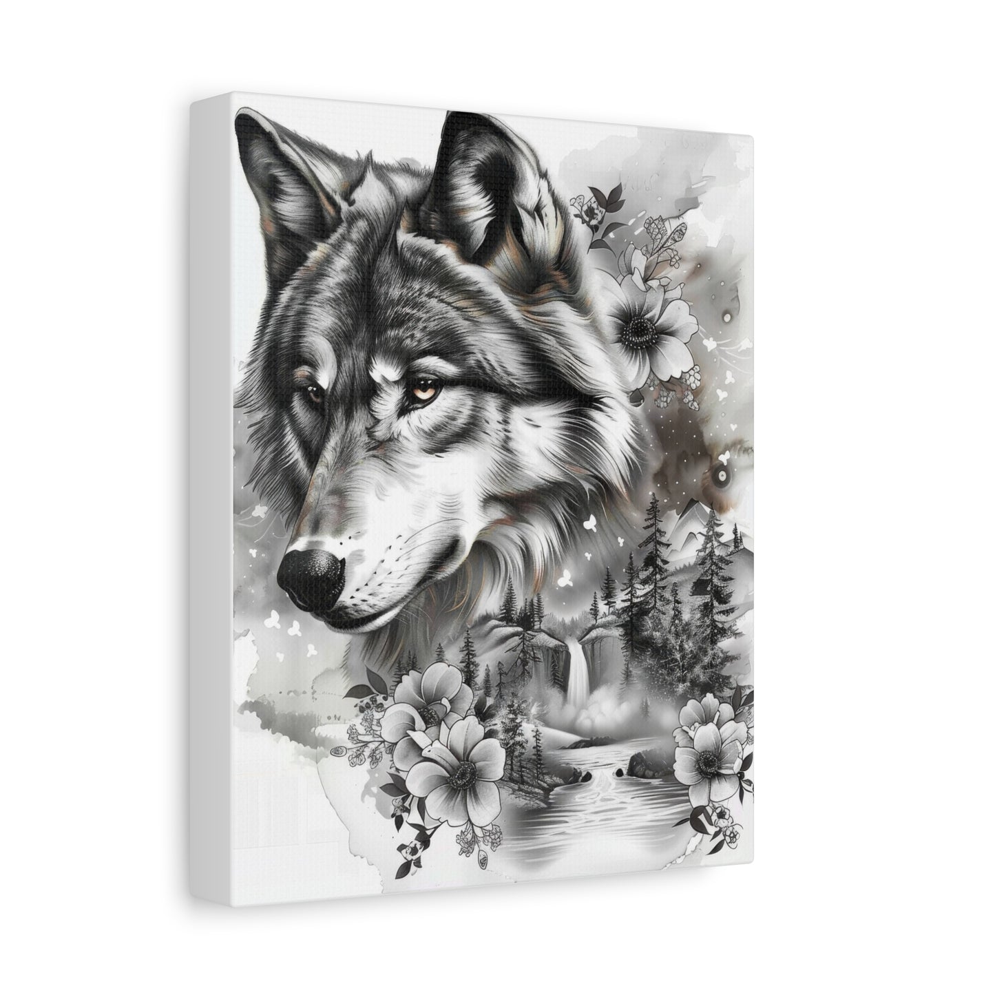 Monochrome Wolf Canvas Wall Art – Majestic Grey Forest Portrait on Stretched Matte Canvas