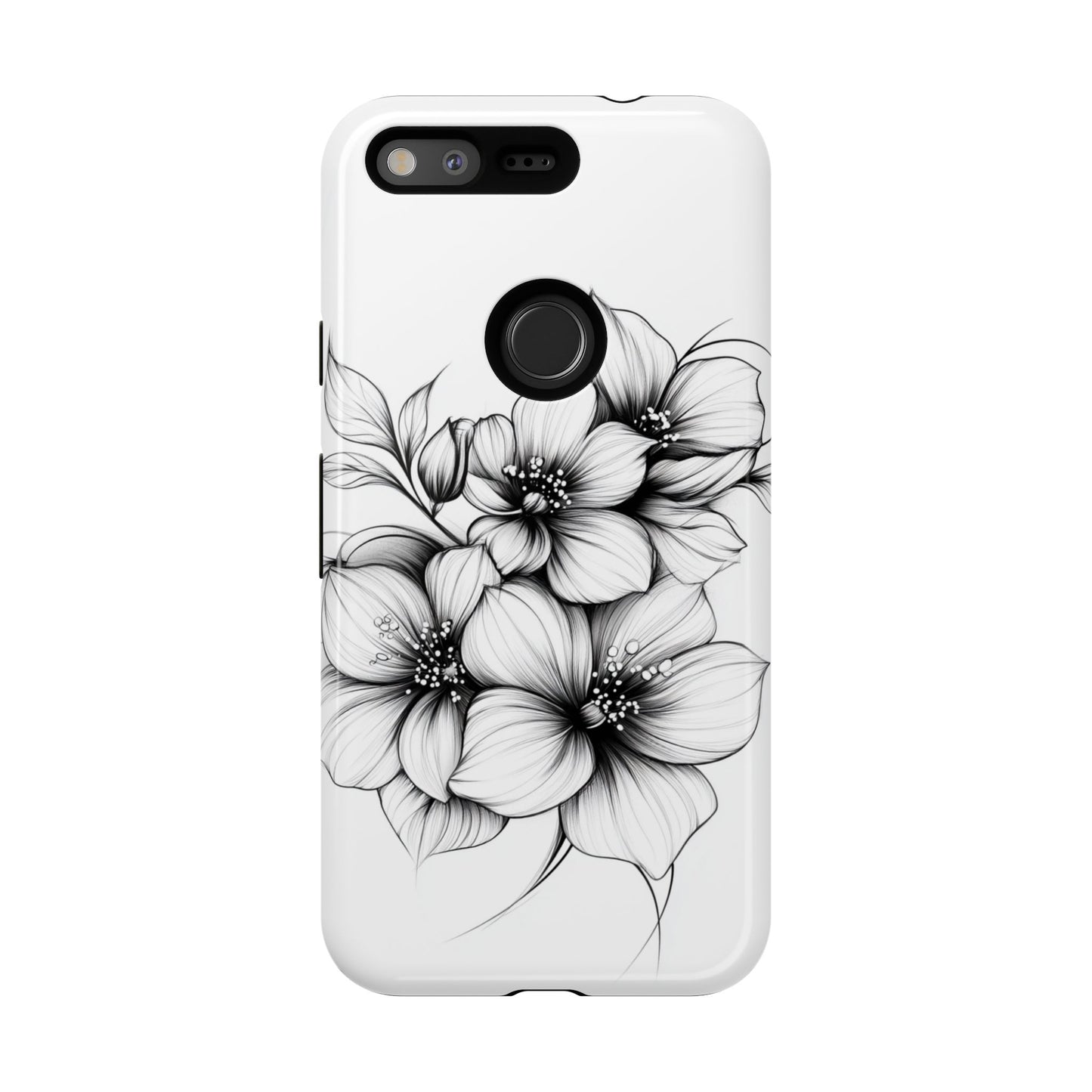 Floral Sketch Tough Case — Black & White Hand-Drawn Blossom Phone Cover