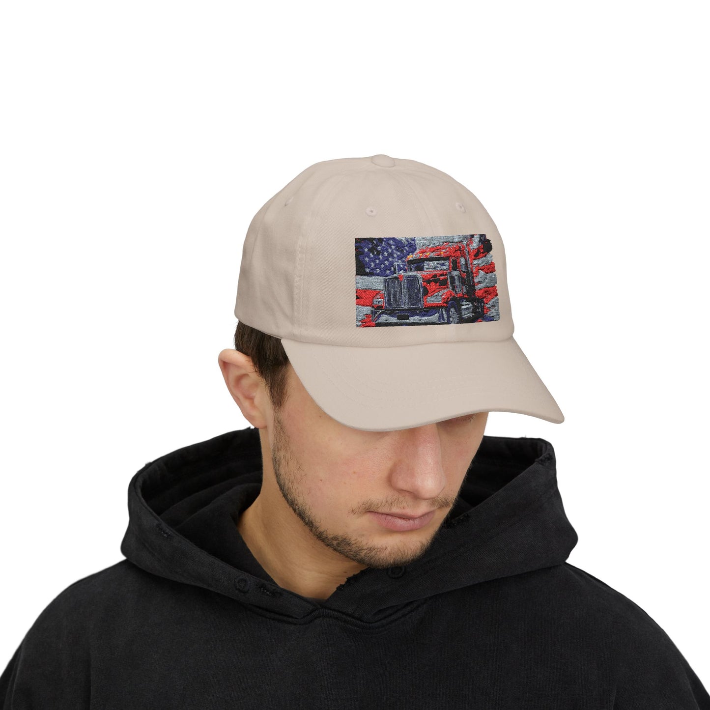 Patriotic Semi Truck Dad Cap — American Flag Trucker Hat for Truckers & USA Pride