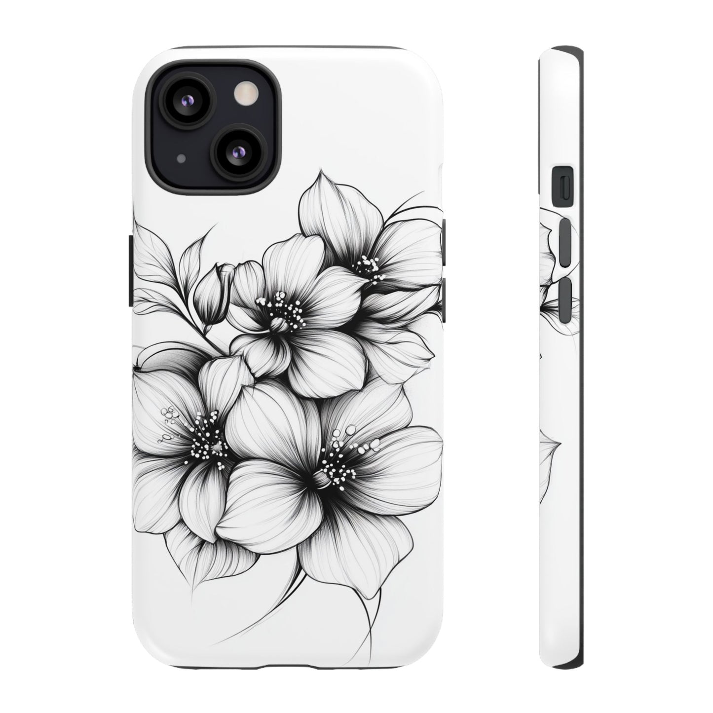 Floral Sketch Tough Case — Black & White Hand-Drawn Blossom Phone Cover