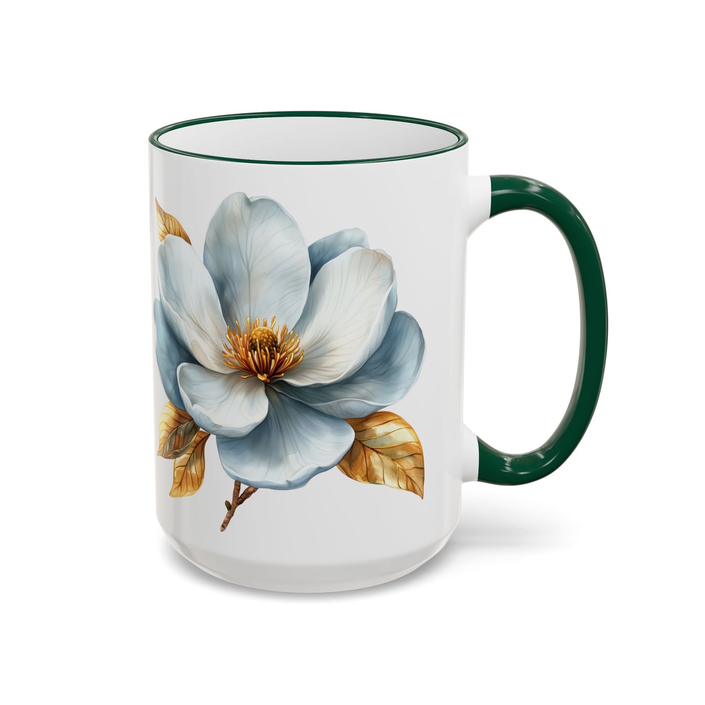 Floral Magnolia Accent Rim Mug with Cross, Blue & Gold Botanical Coffee Cup, 15oz