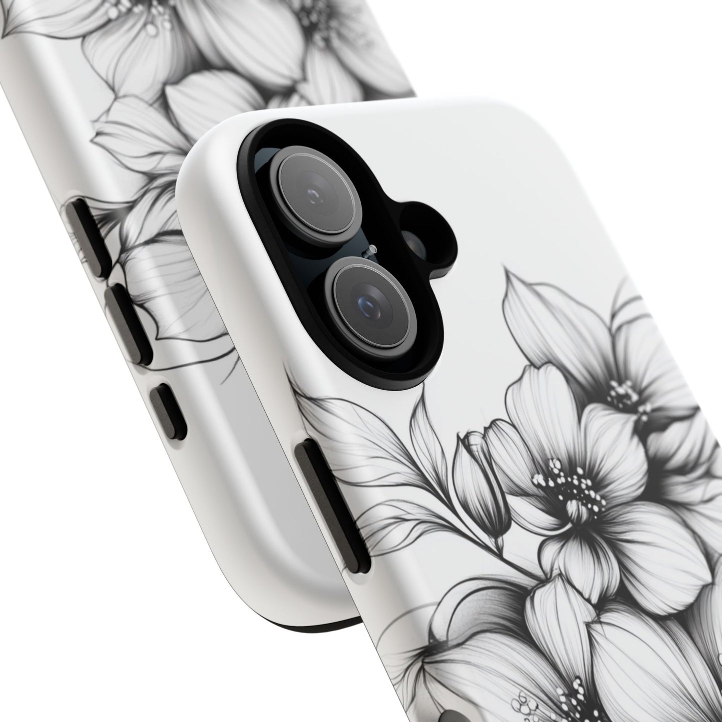 Floral Sketch Tough Case — Black & White Hand-Drawn Blossom Phone Cover