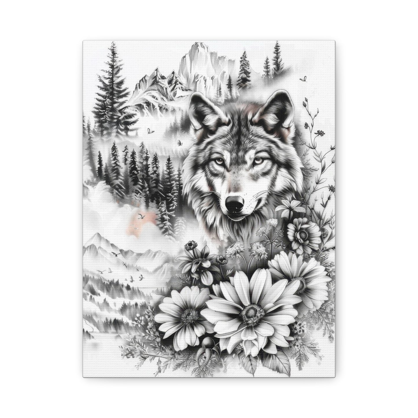Wolf & Wildflowers Matte Canvas Art — Black & White Nature Wall Decor