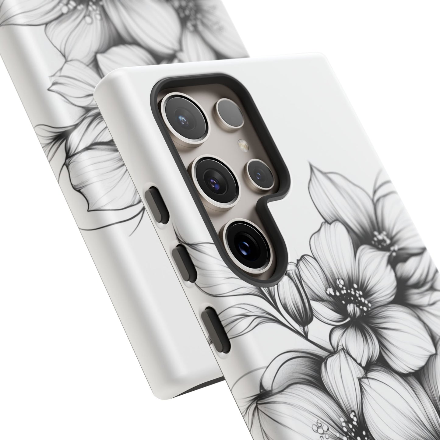 Floral Sketch Tough Case — Black & White Hand-Drawn Blossom Phone Cover