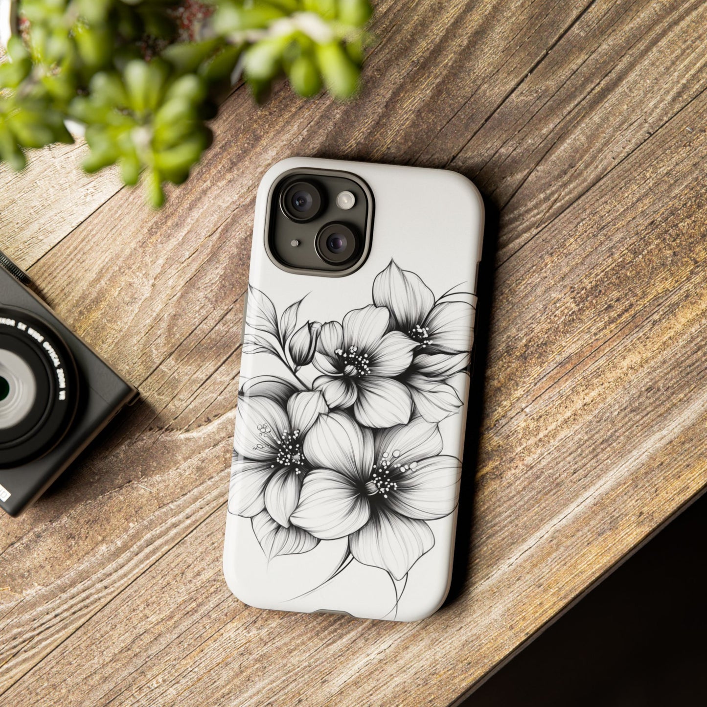 Floral Sketch Tough Case — Black & White Hand-Drawn Blossom Phone Cover