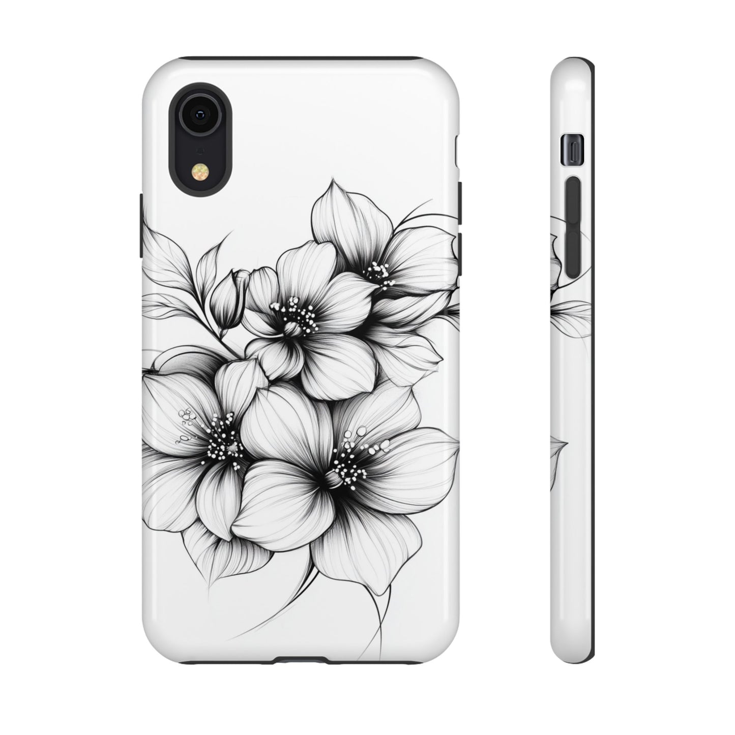 Floral Sketch Tough Case — Black & White Hand-Drawn Blossom Phone Cover