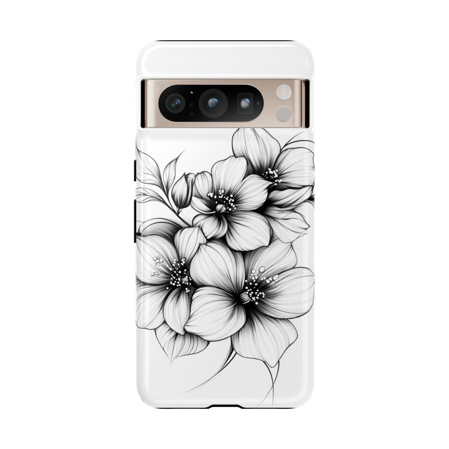 Floral Sketch Tough Case — Black & White Hand-Drawn Blossom Phone Cover
