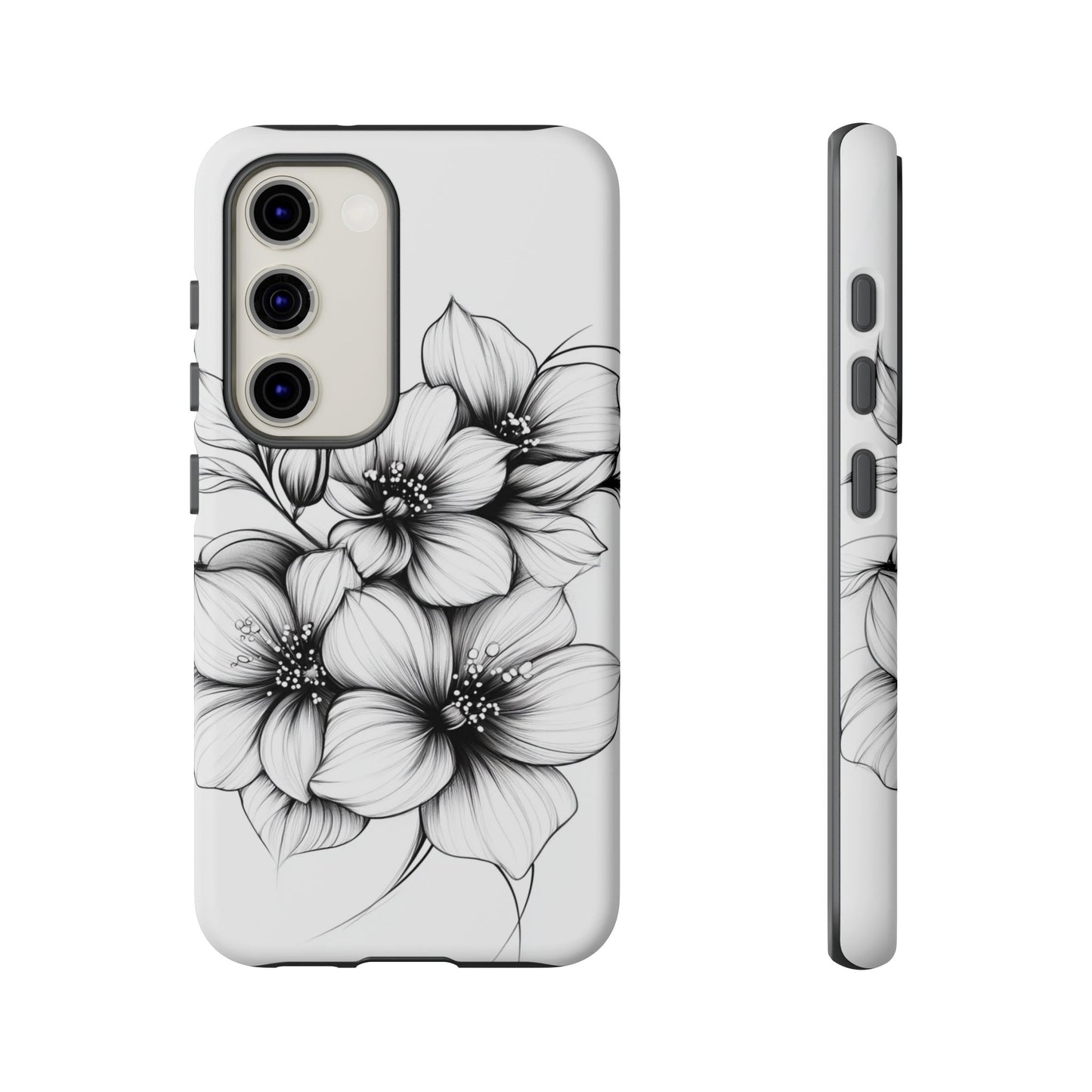 Floral Sketch Tough Case — Black & White Hand-Drawn Blossom Phone Cover