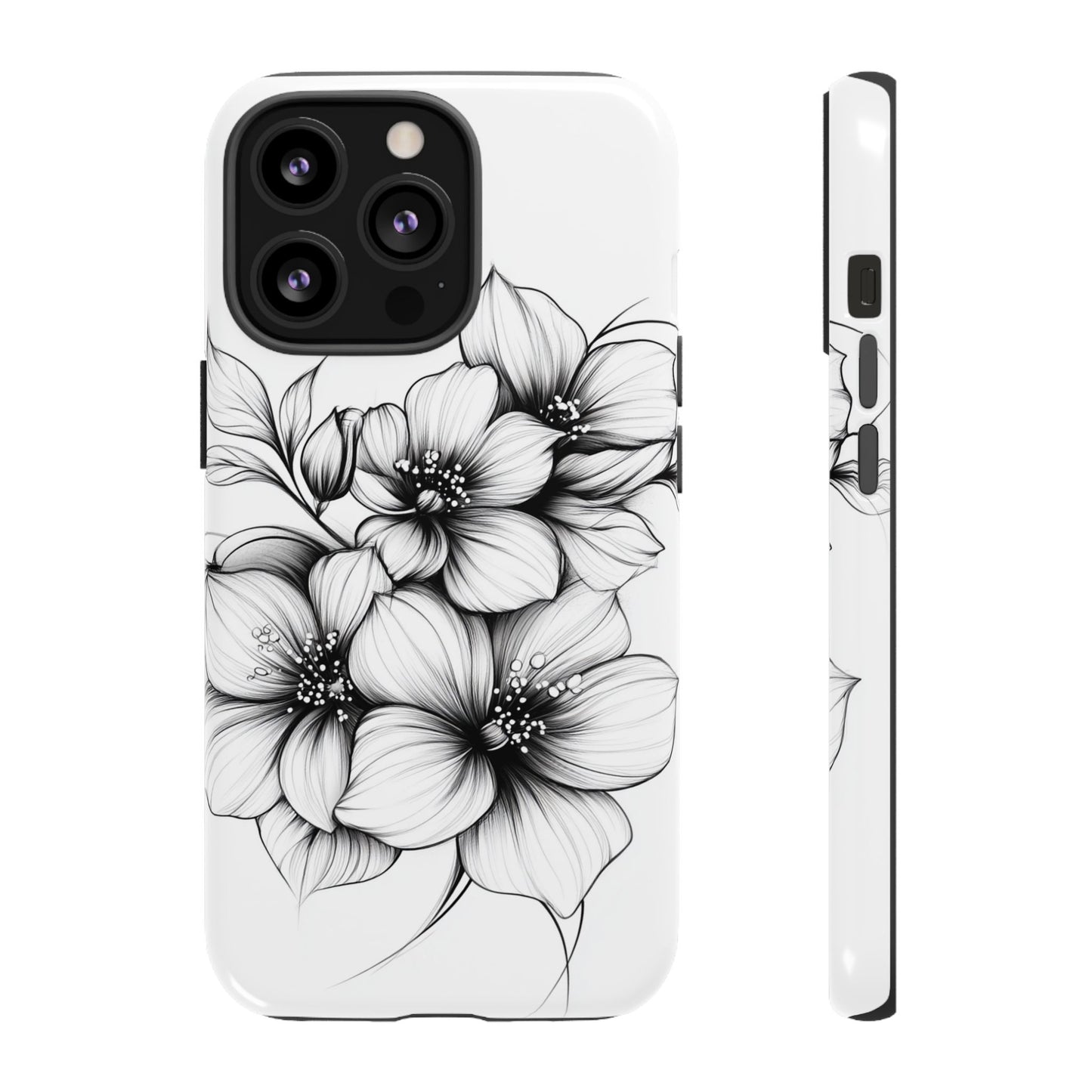 Floral Sketch Tough Case — Black & White Hand-Drawn Blossom Phone Cover