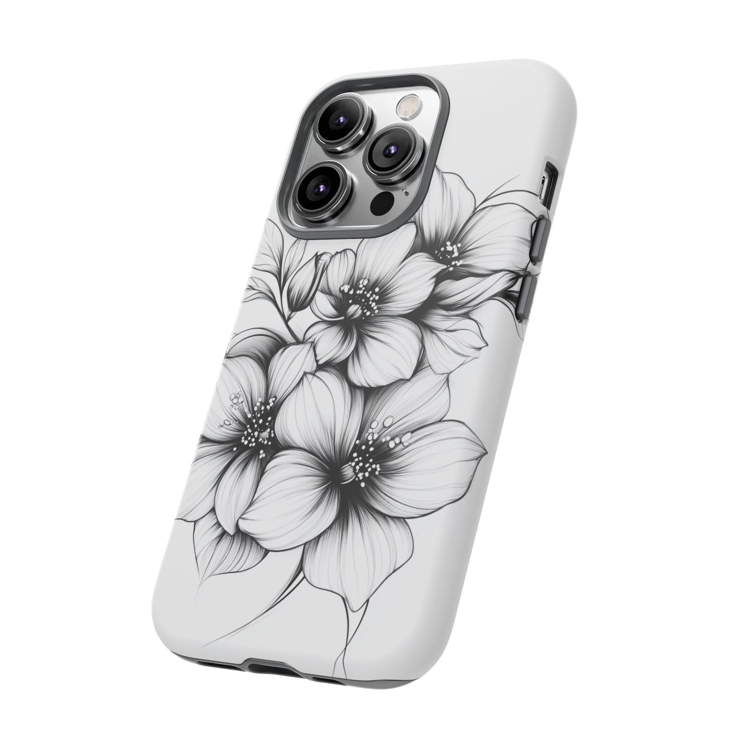 Floral Sketch Tough Case — Black & White Hand-Drawn Blossom Phone Cover