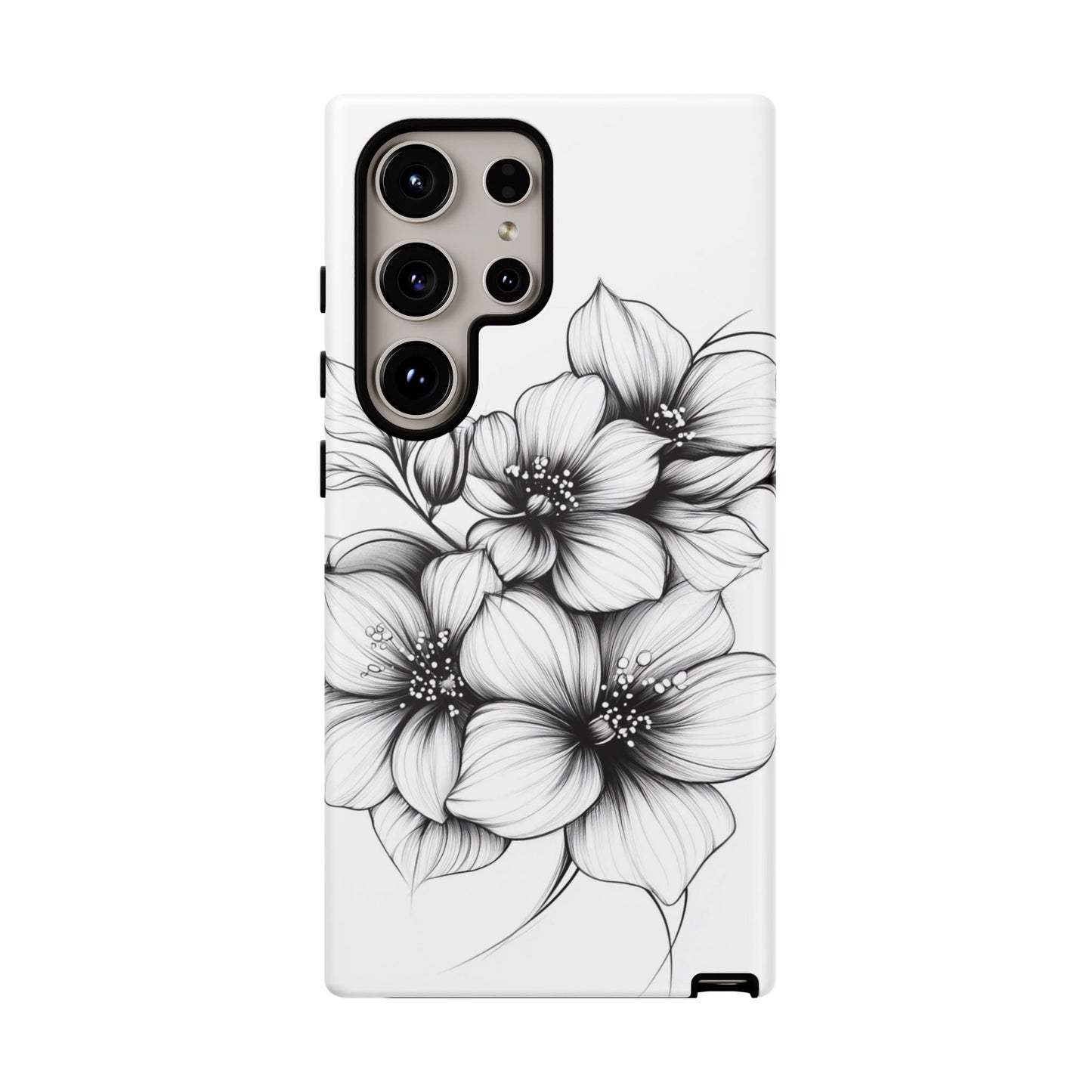 Floral Sketch Tough Case — Black & White Hand-Drawn Blossom Phone Cover