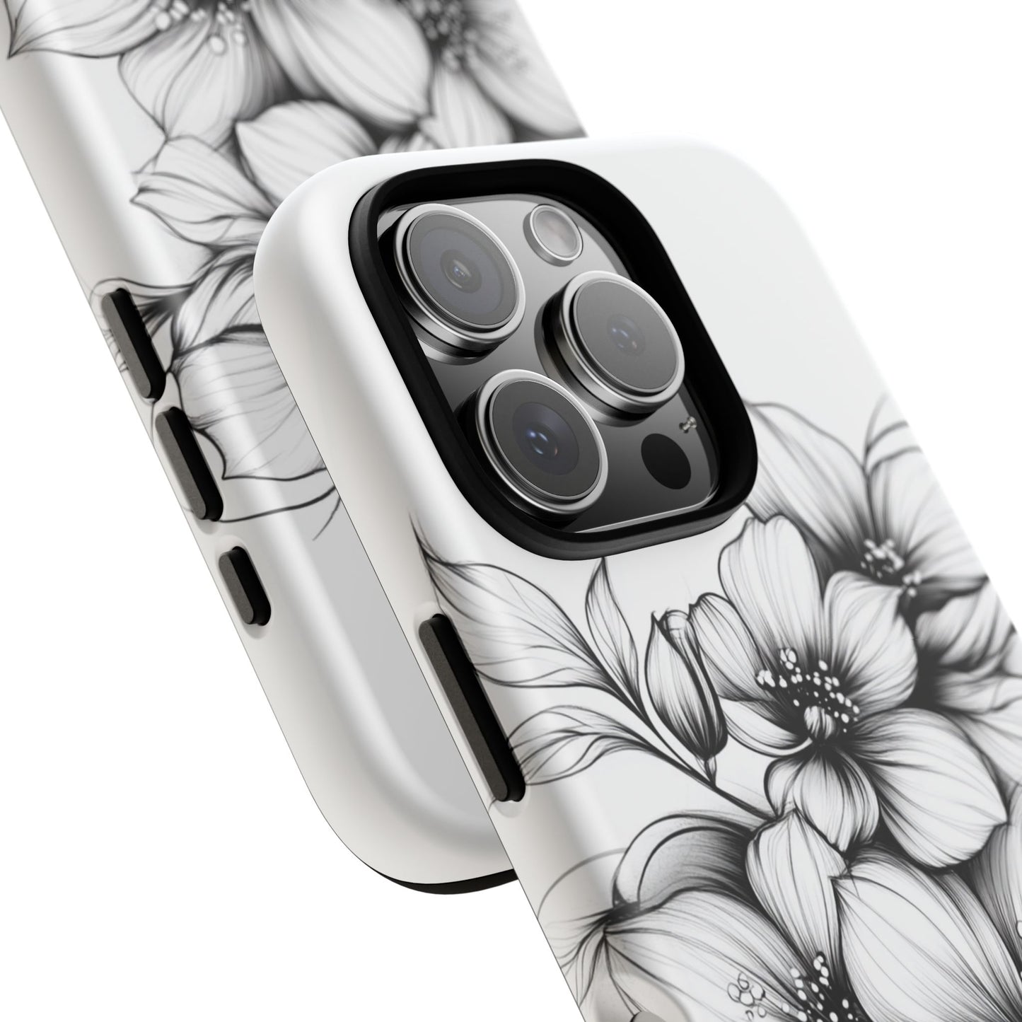 Floral Sketch Tough Case — Black & White Hand-Drawn Blossom Phone Cover