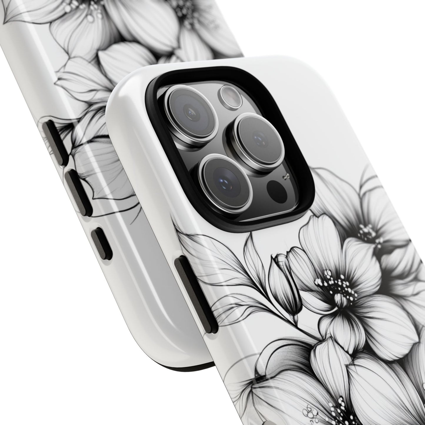 Floral Sketch Tough Case — Black & White Hand-Drawn Blossom Phone Cover