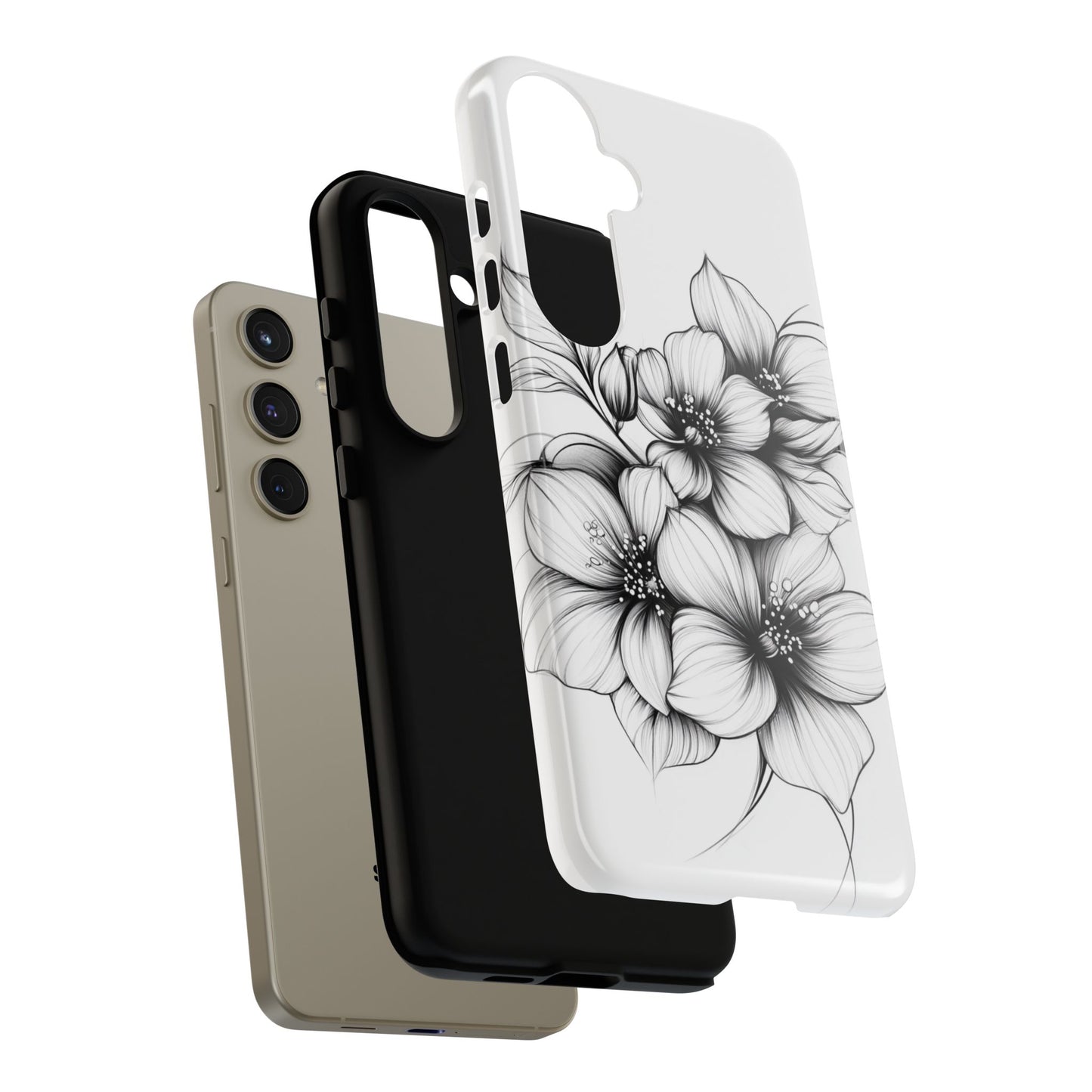 Floral Sketch Tough Case — Black & White Hand-Drawn Blossom Phone Cover