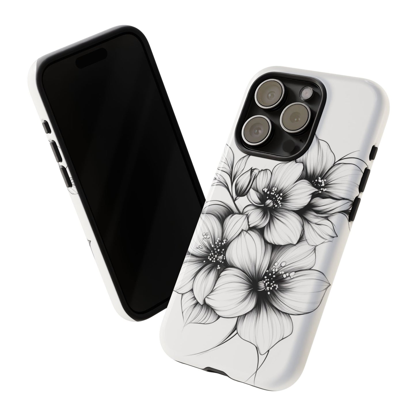 Floral Sketch Tough Case — Black & White Hand-Drawn Blossom Phone Cover
