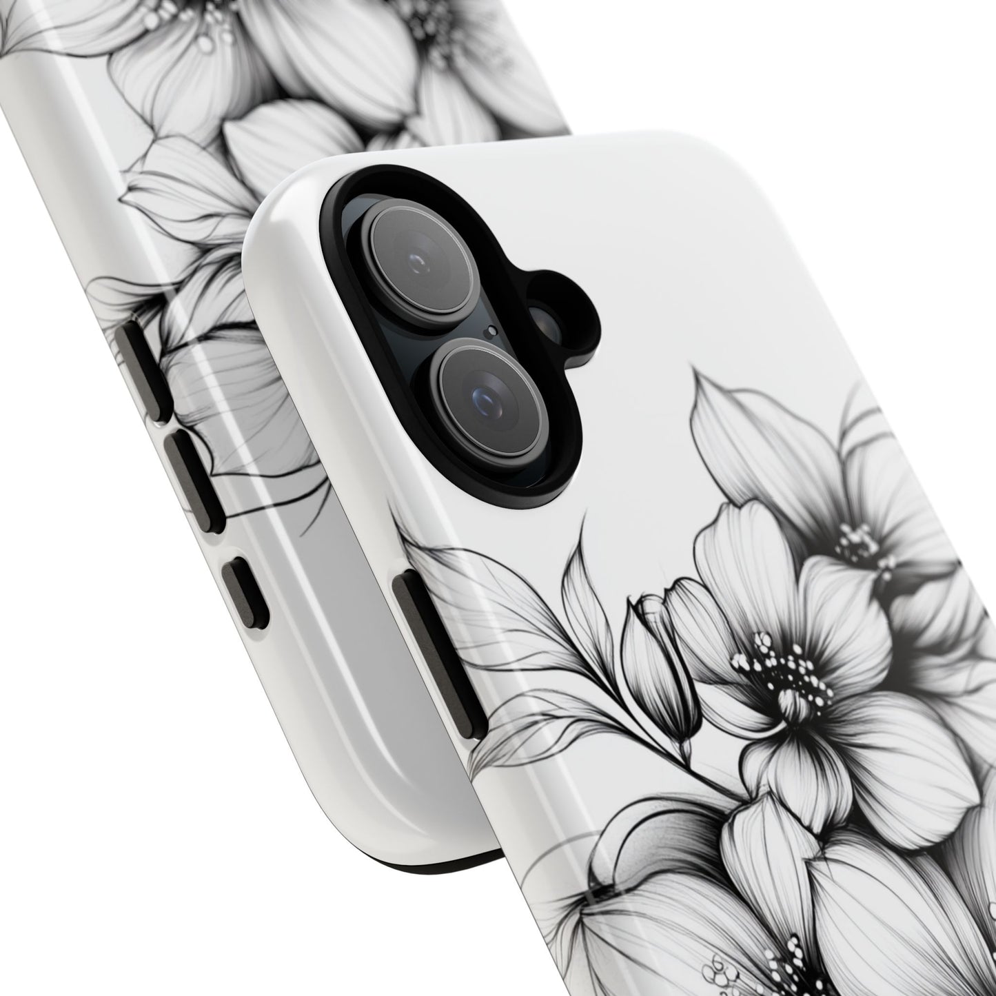 Floral Sketch Tough Case — Black & White Hand-Drawn Blossom Phone Cover