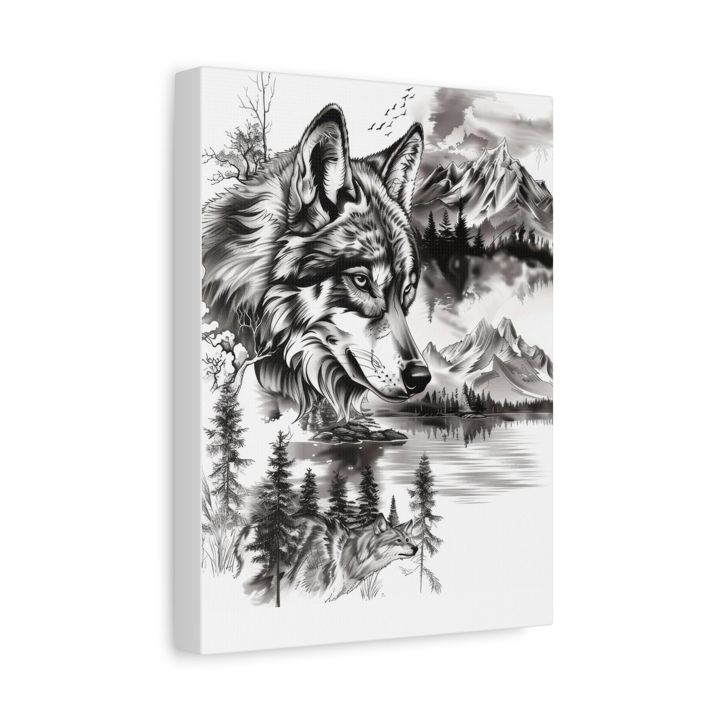 Wolf Landscape Canvas Print — Monochrome Mountain & Forest Wall Art