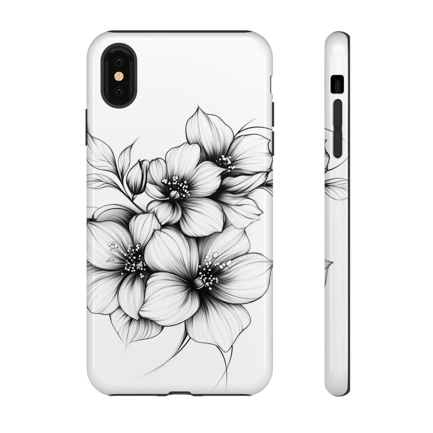 Floral Sketch Tough Case — Black & White Hand-Drawn Blossom Phone Cover