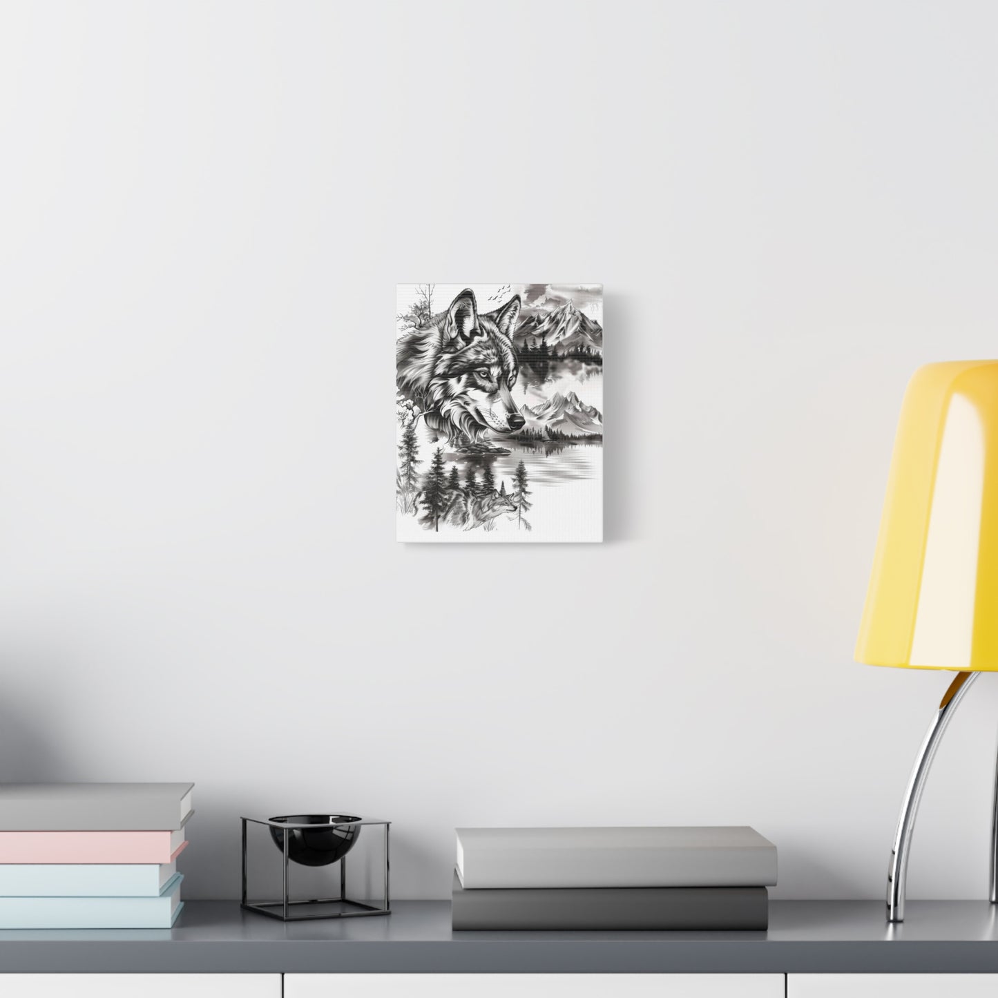 Wolf Landscape Canvas Print — Monochrome Mountain & Forest Wall Art