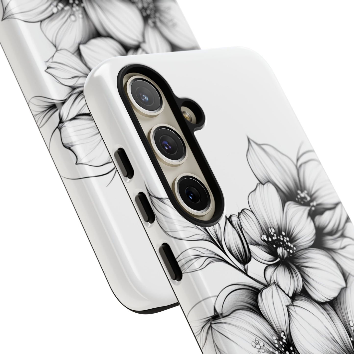 Floral Sketch Tough Case — Black & White Hand-Drawn Blossom Phone Cover