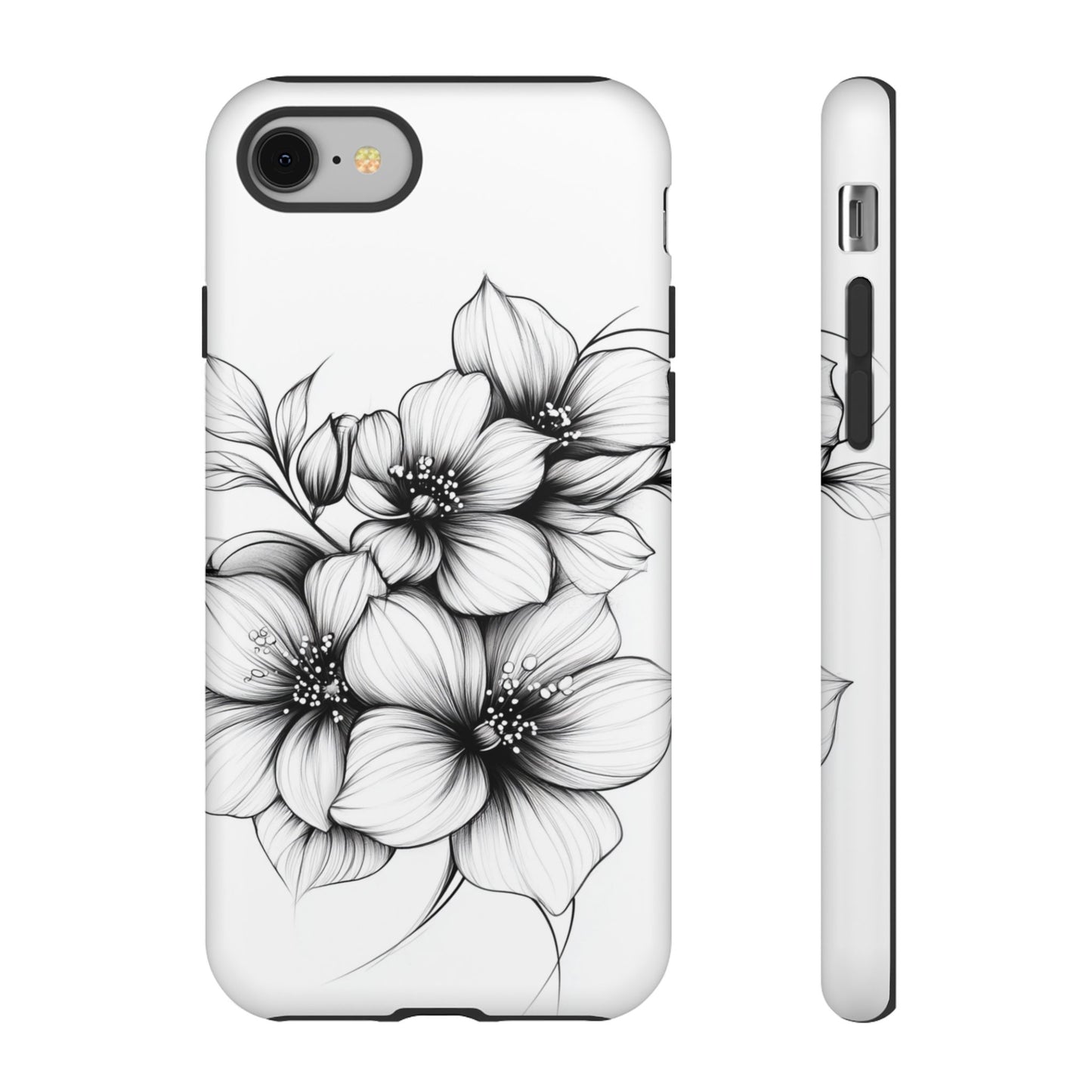 Floral Sketch Tough Case — Black & White Hand-Drawn Blossom Phone Cover