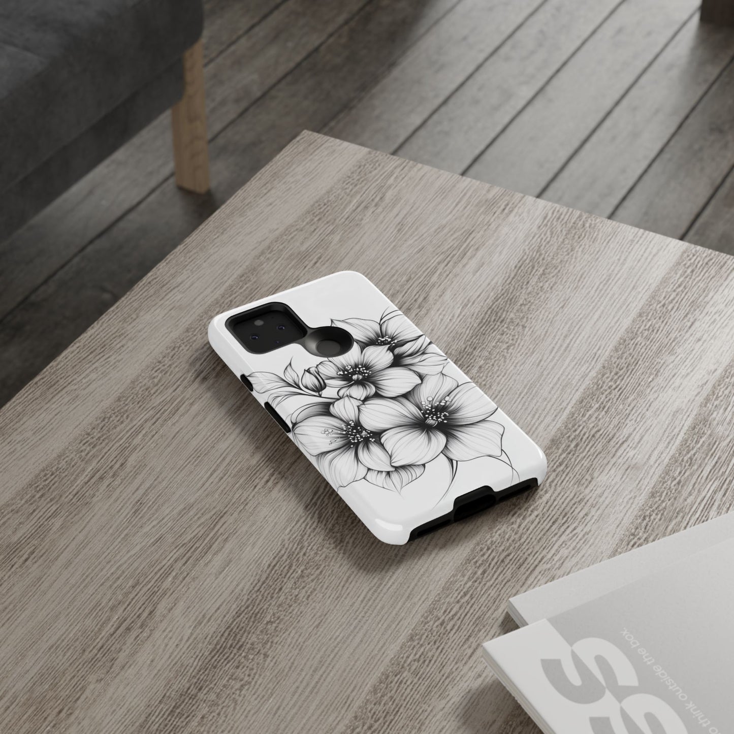 Floral Sketch Tough Case — Black & White Hand-Drawn Blossom Phone Cover