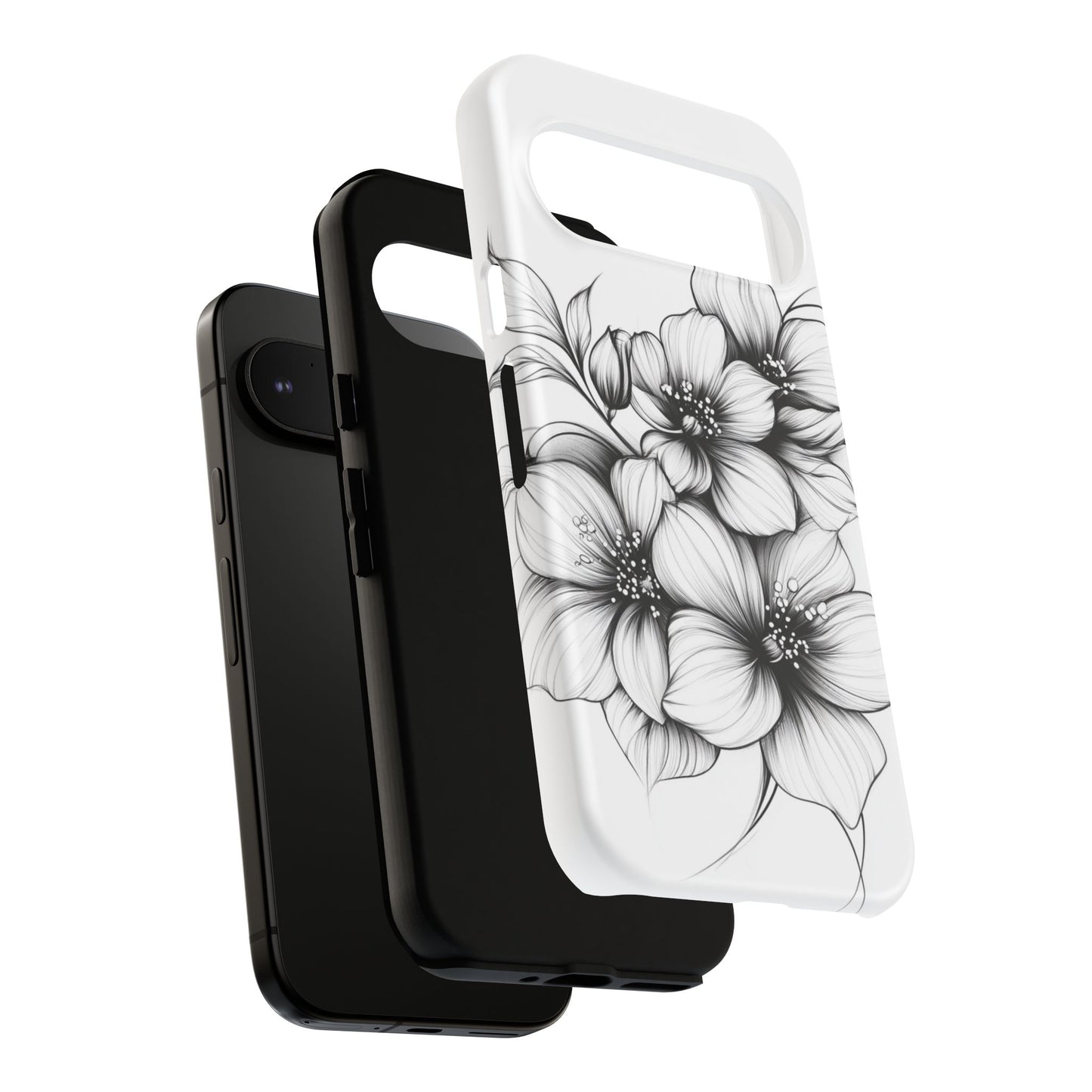 Floral Sketch Tough Case — Black & White Hand-Drawn Blossom Phone Cover