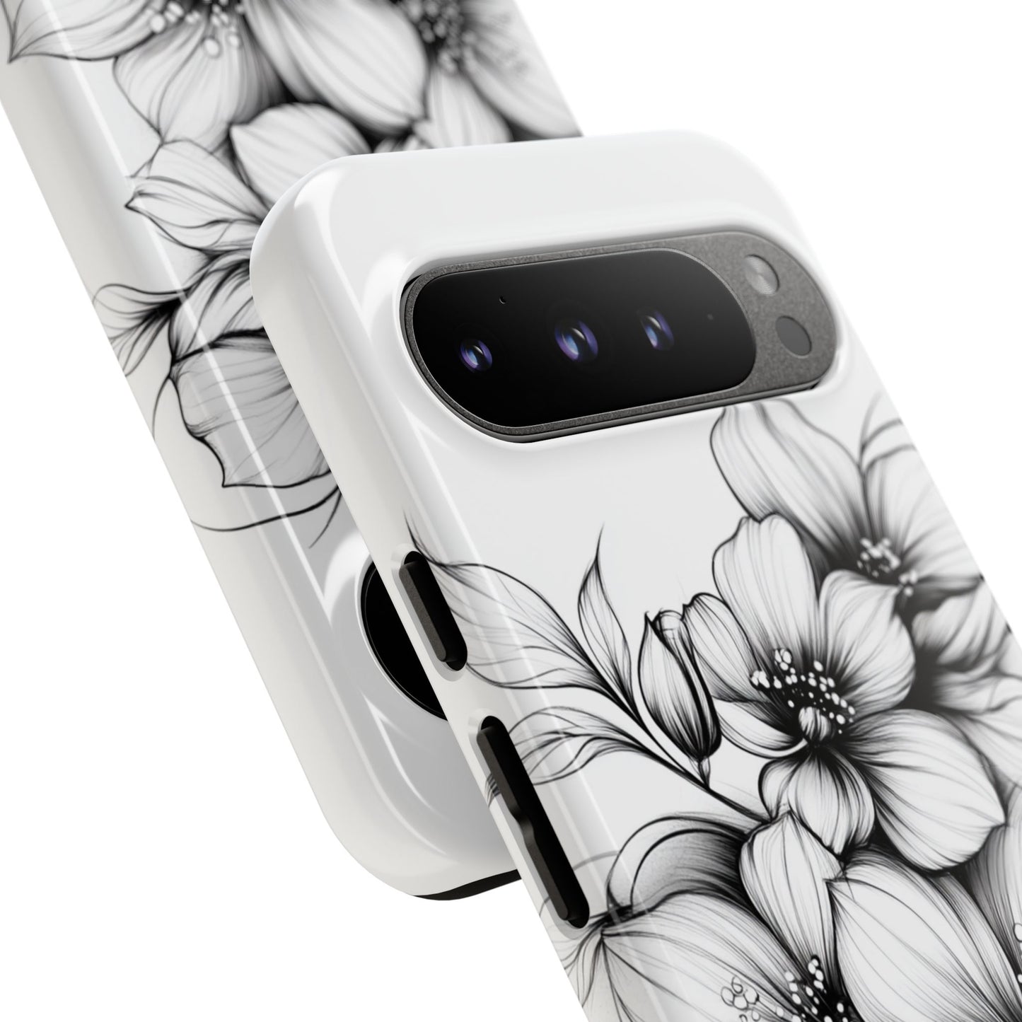 Floral Sketch Tough Case — Black & White Hand-Drawn Blossom Phone Cover