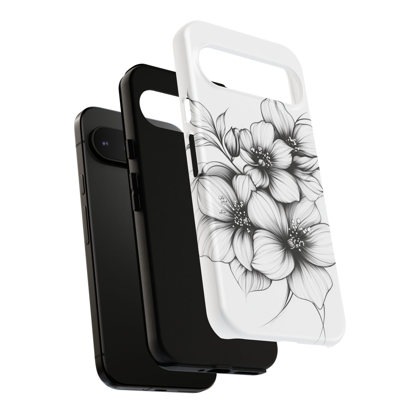 Floral Sketch Tough Case — Black & White Hand-Drawn Blossom Phone Cover