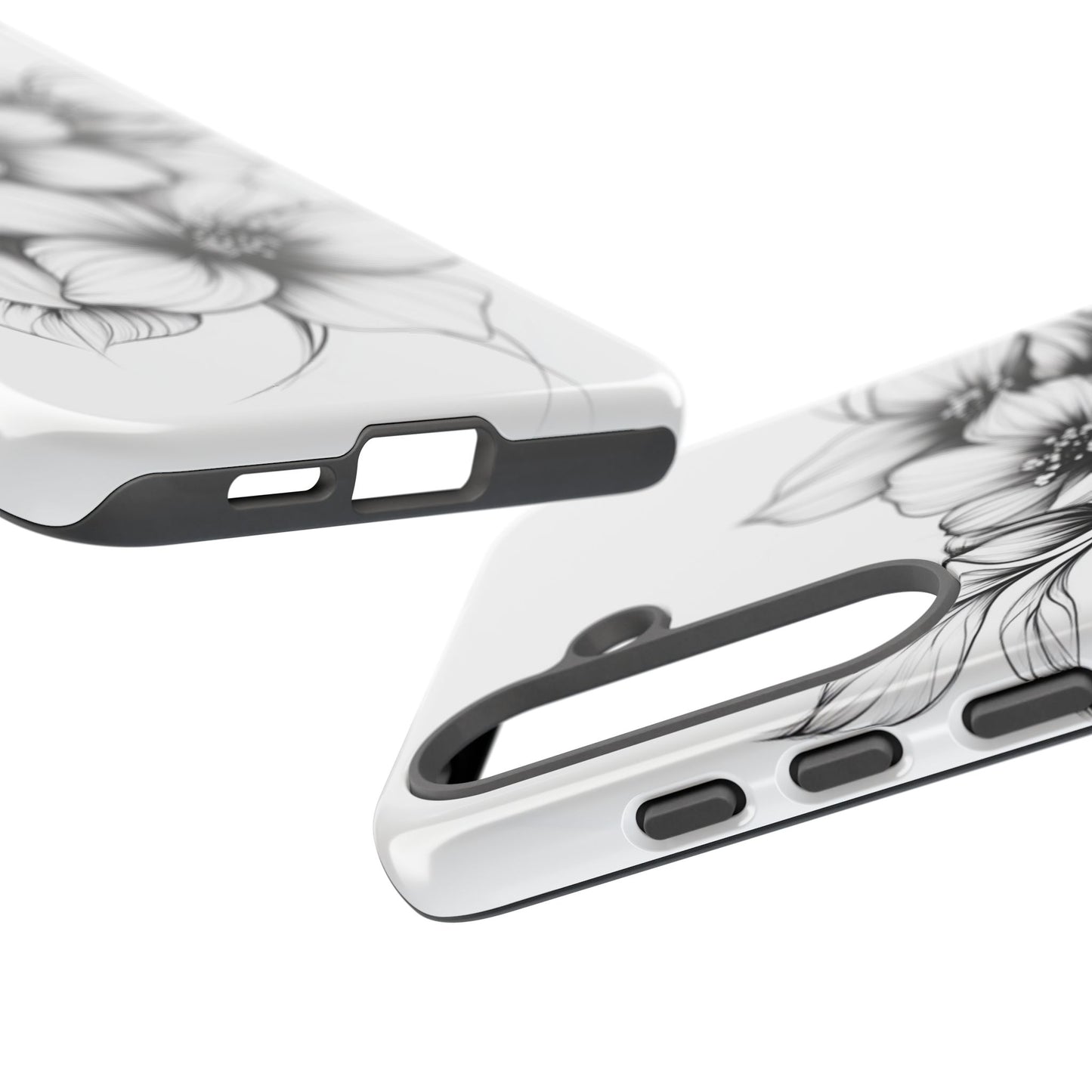 Floral Sketch Tough Case — Black & White Hand-Drawn Blossom Phone Cover