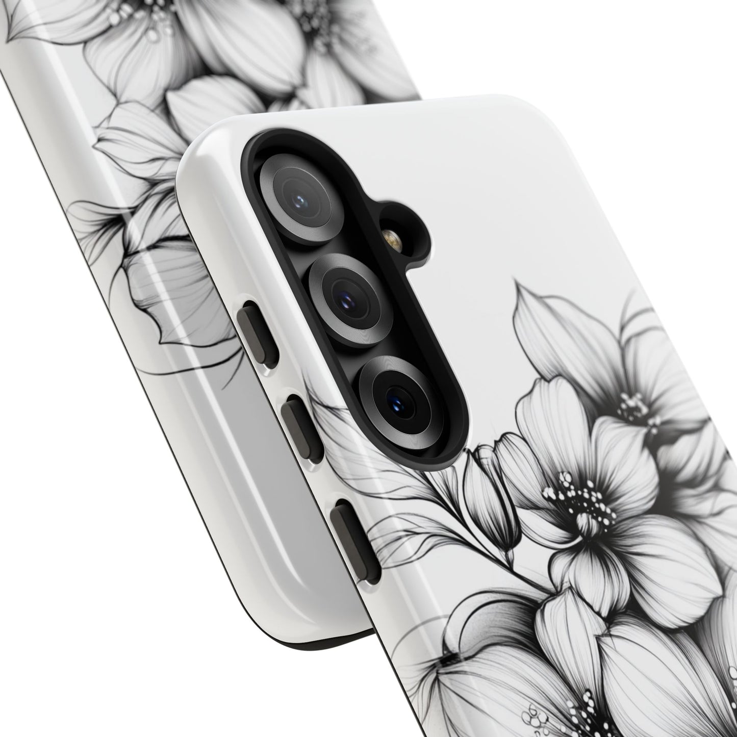 Floral Sketch Tough Case — Black & White Hand-Drawn Blossom Phone Cover