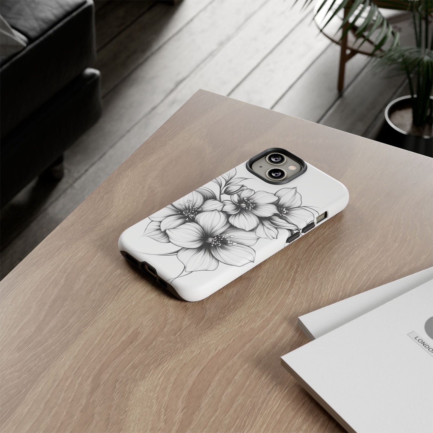Floral Sketch Tough Case — Black & White Hand-Drawn Blossom Phone Cover
